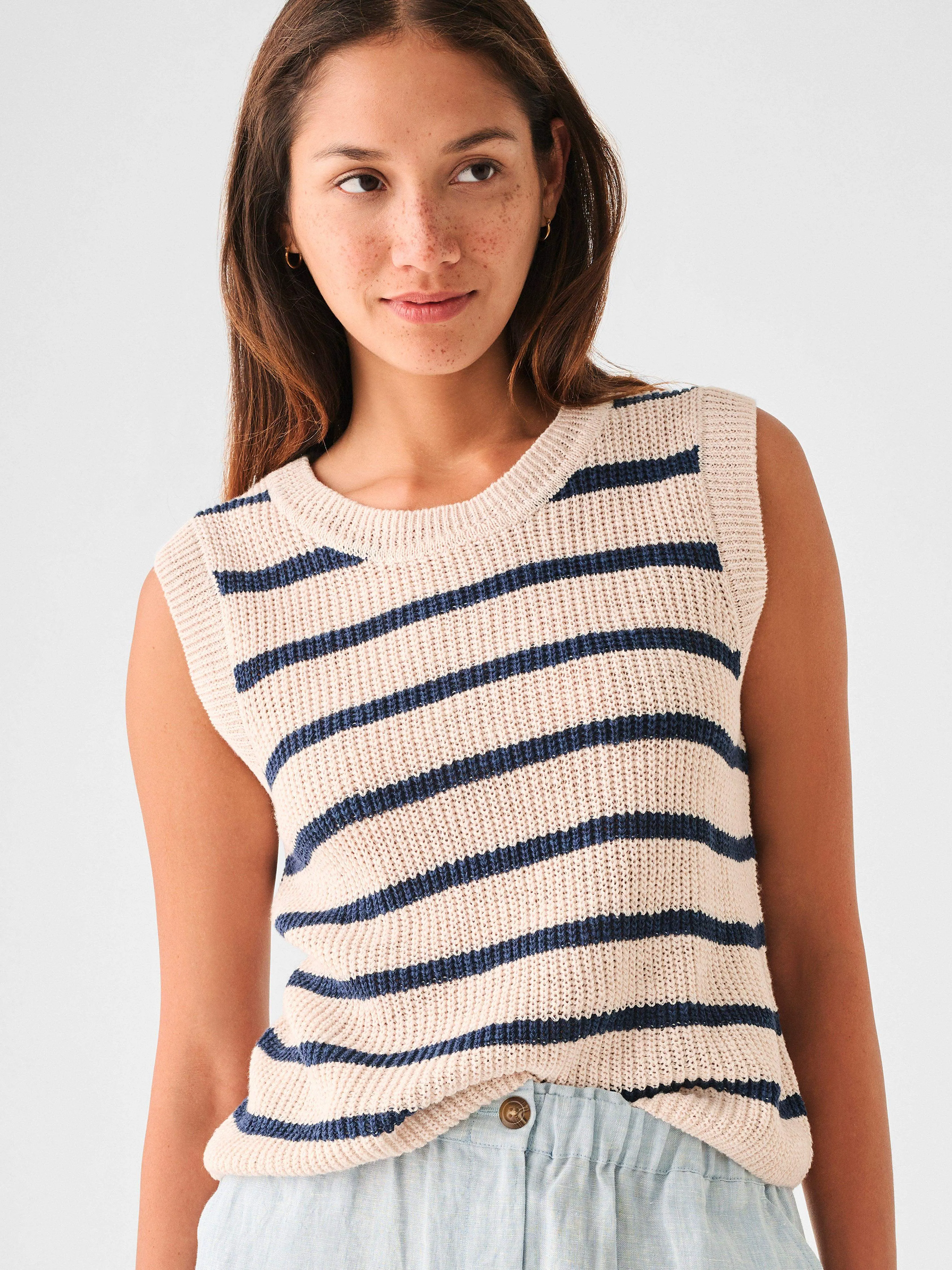 Miramar Linen Sweater Tank - Natural Navy Stripe sold by Faherty