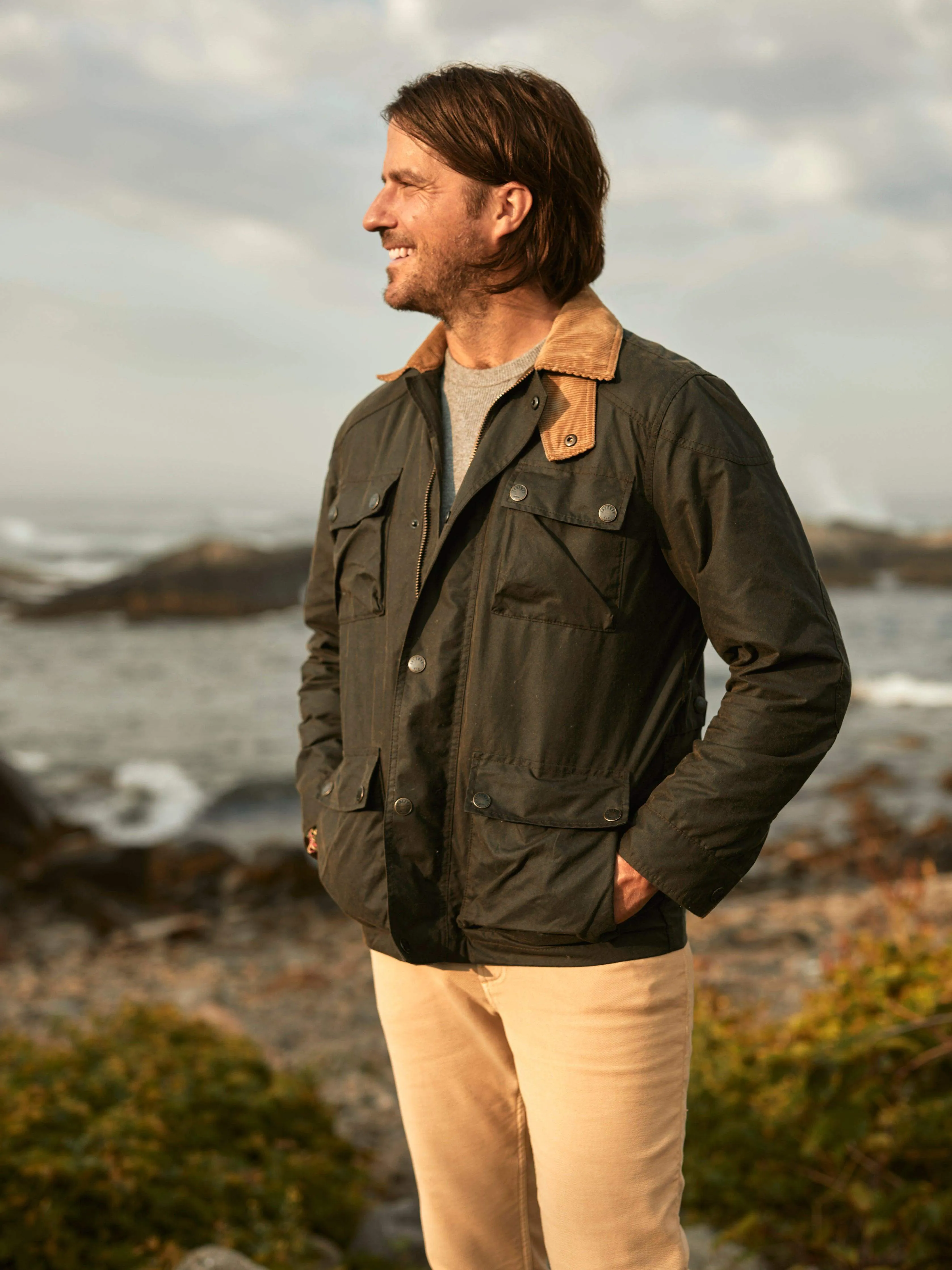 Blanket Lined Waxed 4 Pocket Jacket - Country Olive sold by Faherty
