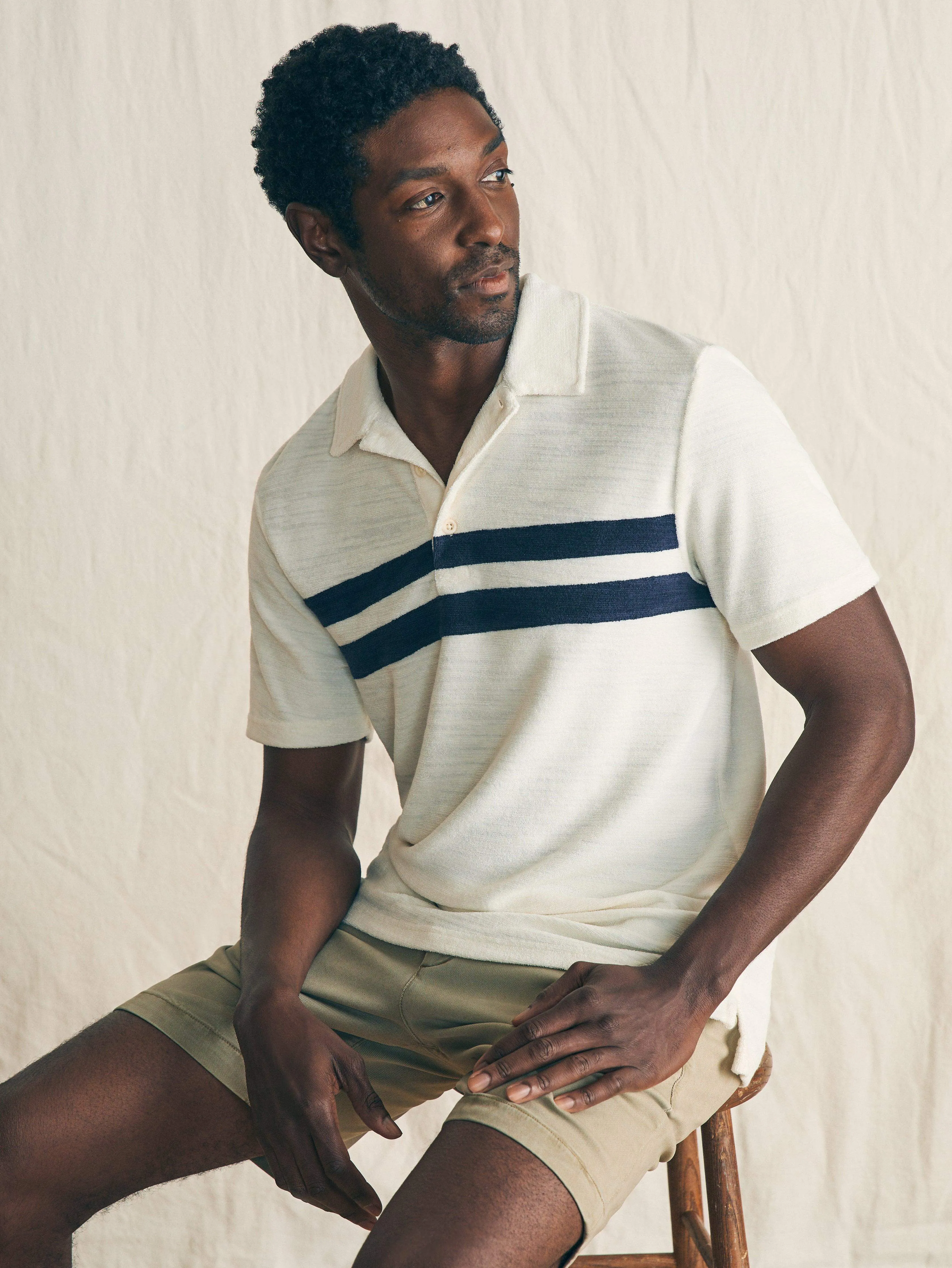 Cabana Towel Terry Surf Stripe Polo - Vintage White sold by Faherty product image thumbnail 3