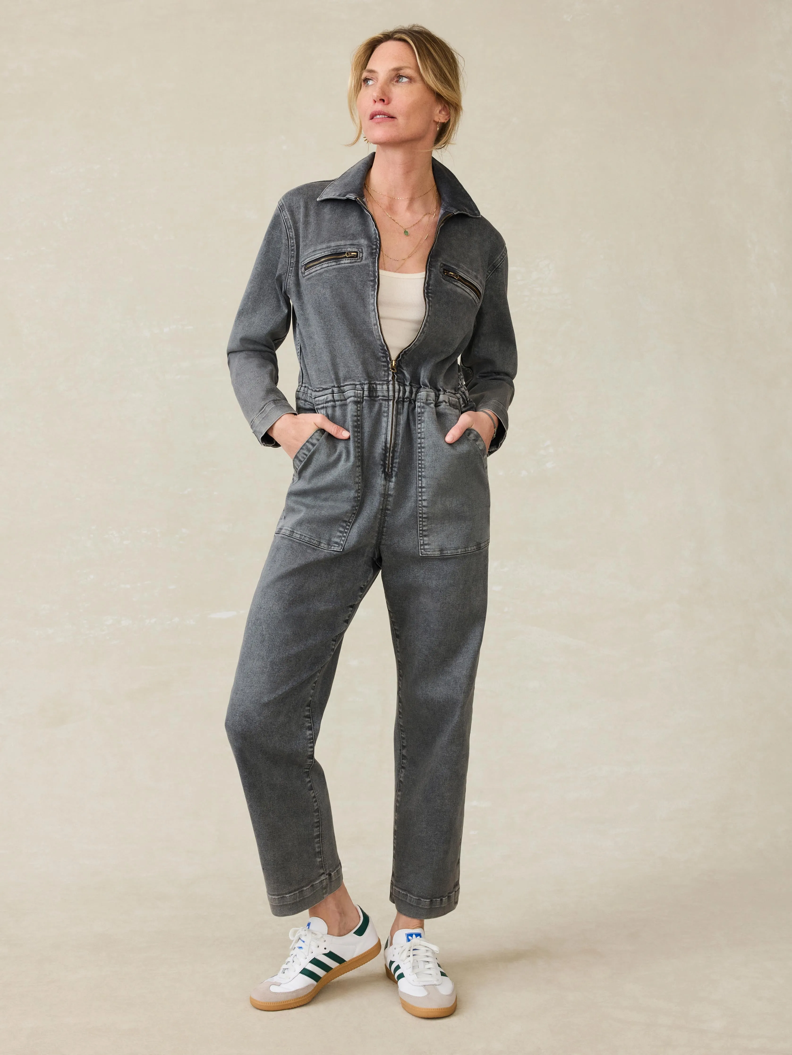 Sunwashed Denim Jumpsuit - Washed Black sold by Faherty