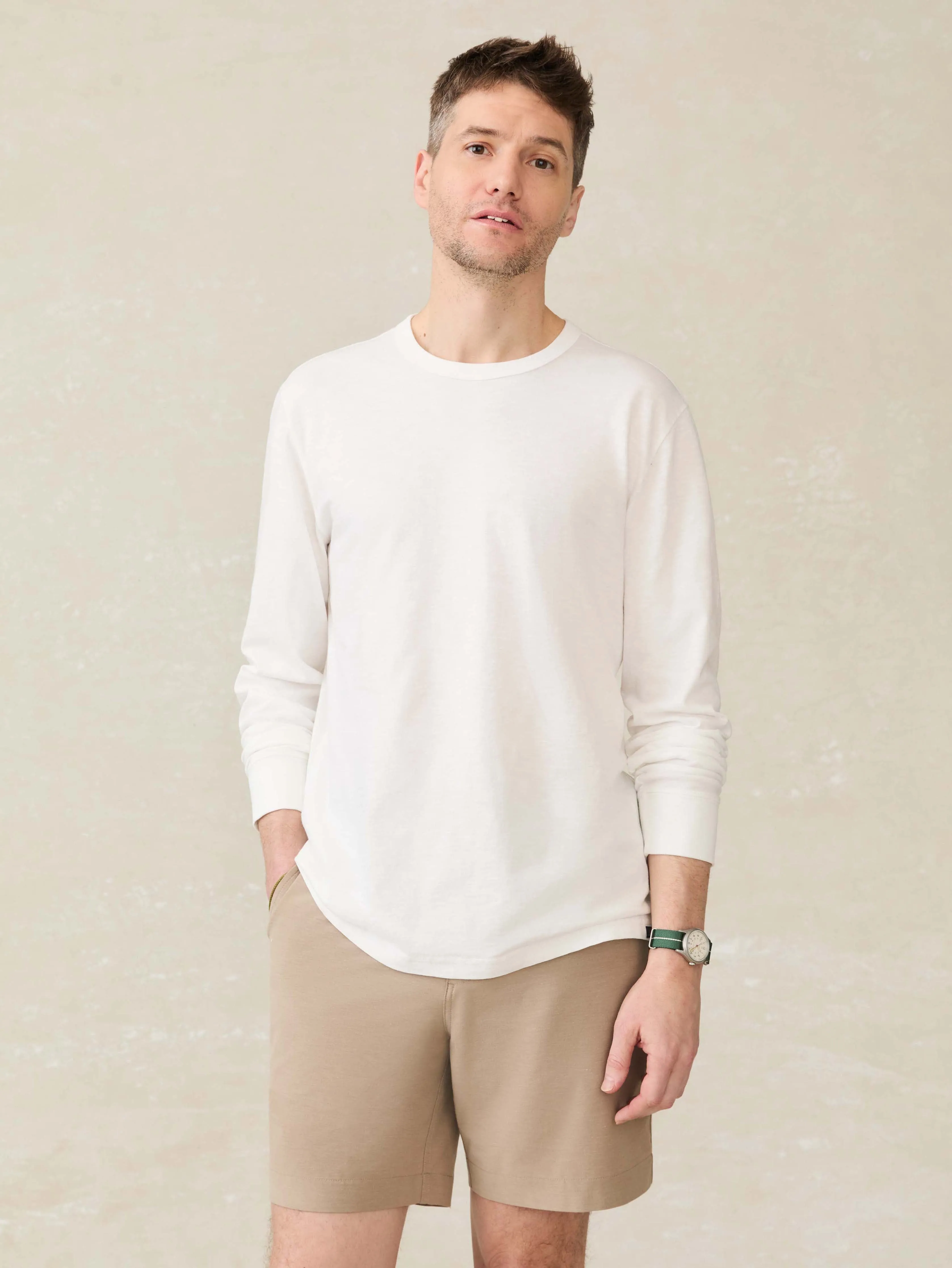 Long-Sleeve Sunwashed Regenerative Cotton Tee - White sold by Faherty