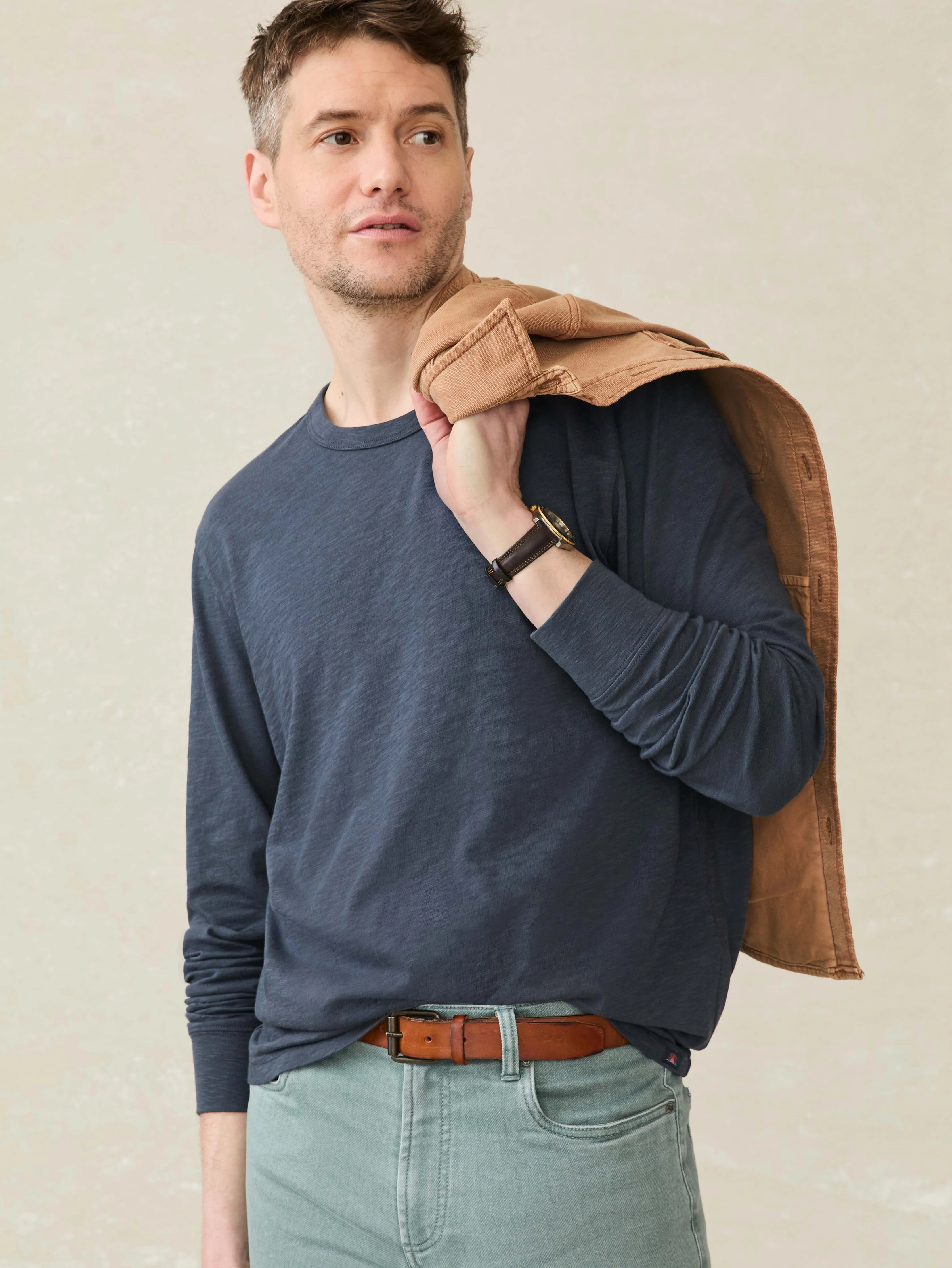 Long-Sleeve Sunwashed Regenerative Cotton Tee - Dune Navy sold by Faherty product image thumbnail 3
