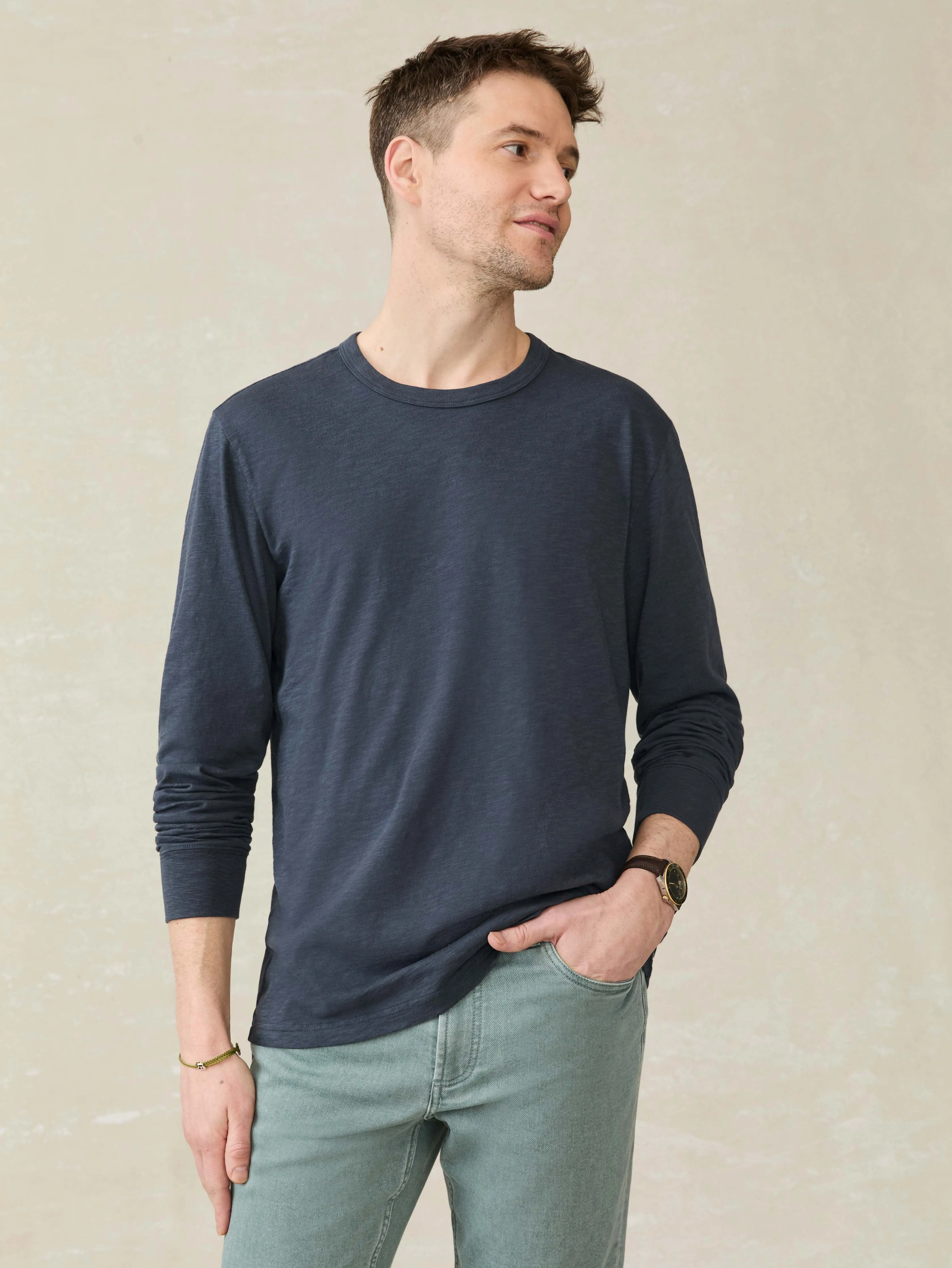 Long-Sleeve Sunwashed Regenerative Cotton Tee - Dune Navy sold by Faherty