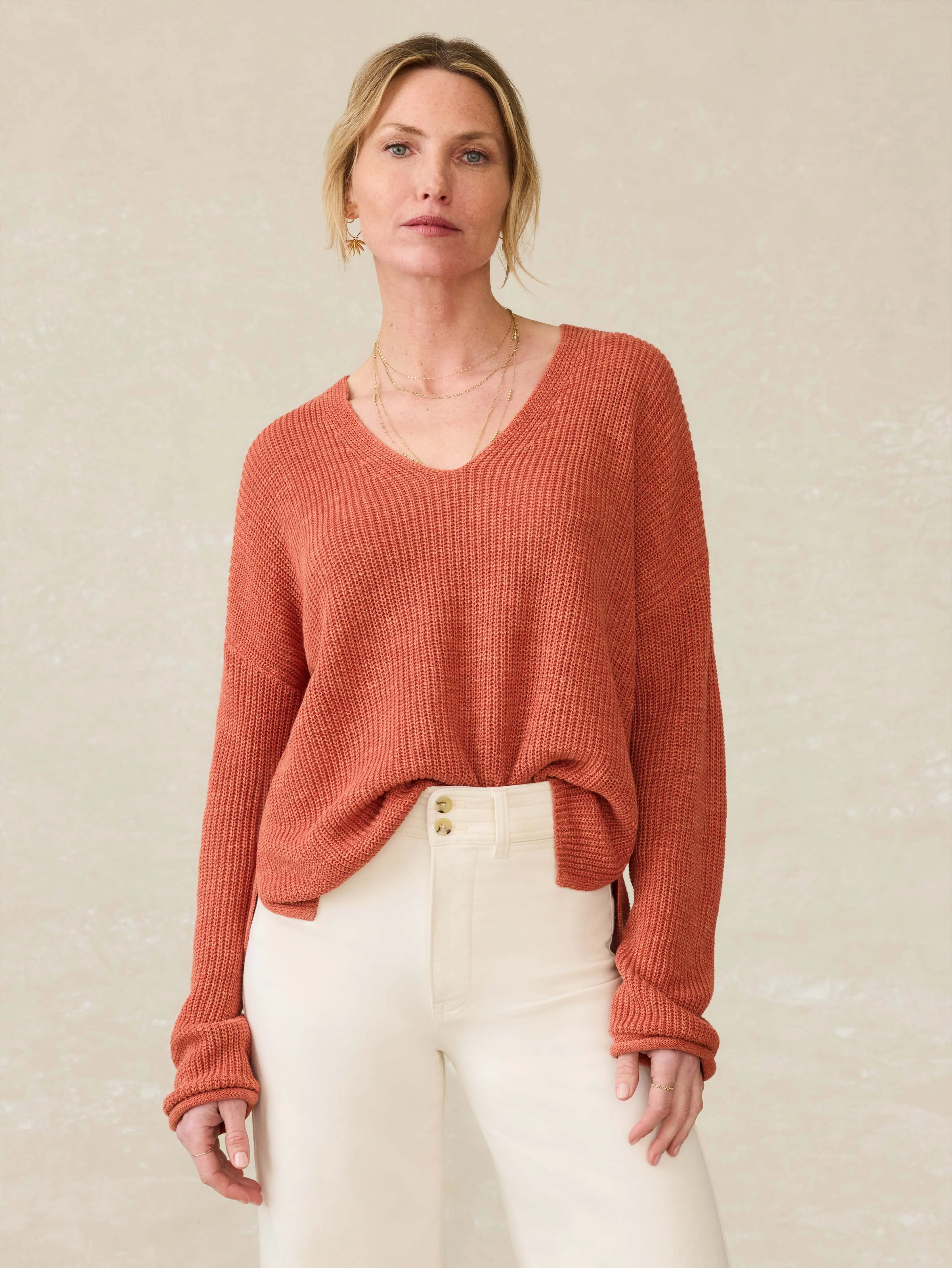 Miramar Linen V-Neck Sweater - Red Rock sold by Faherty
