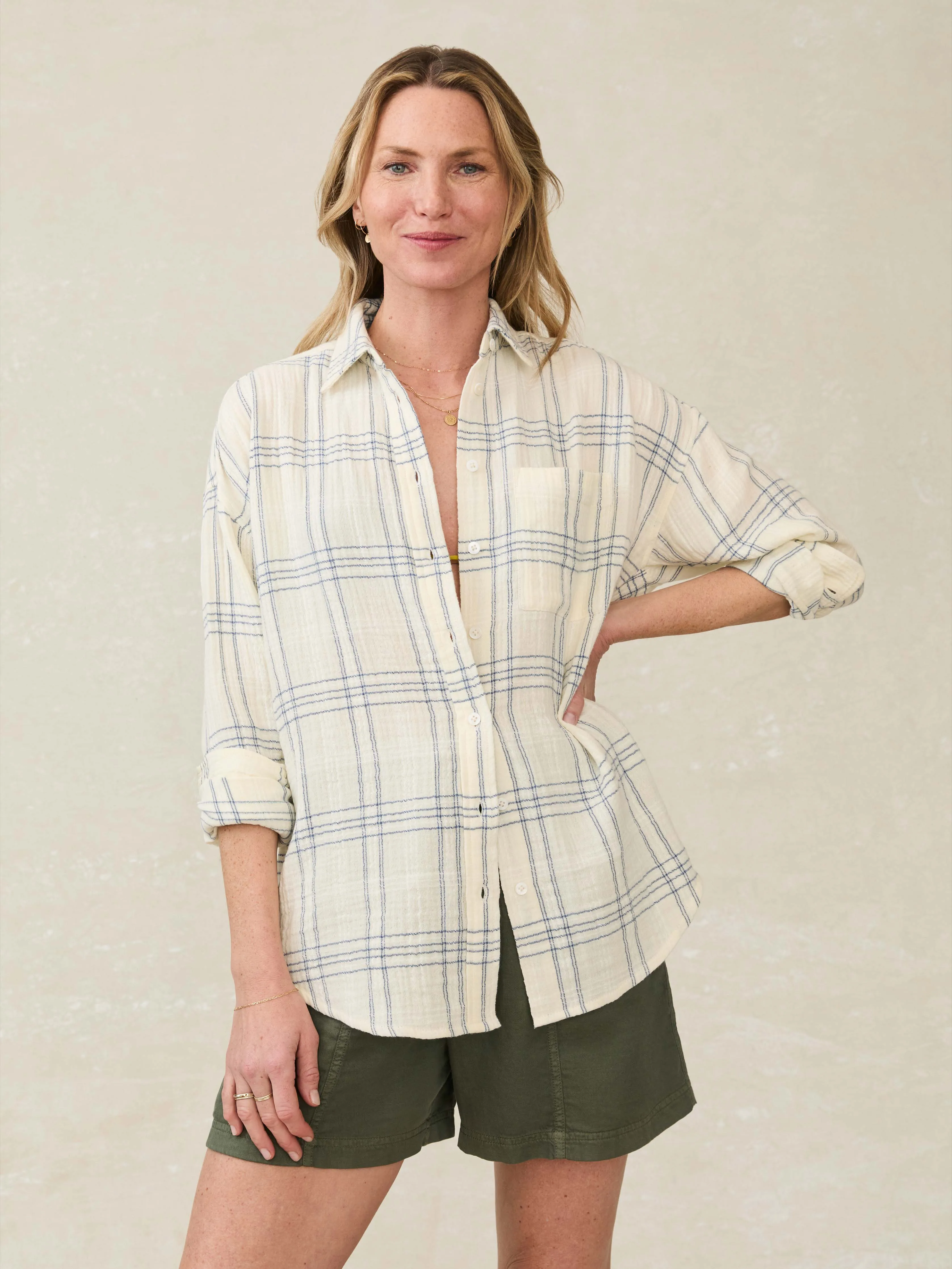 Dune Cotton Gauze Relaxed Shirt - Blue Cove Plaid sold by Faherty