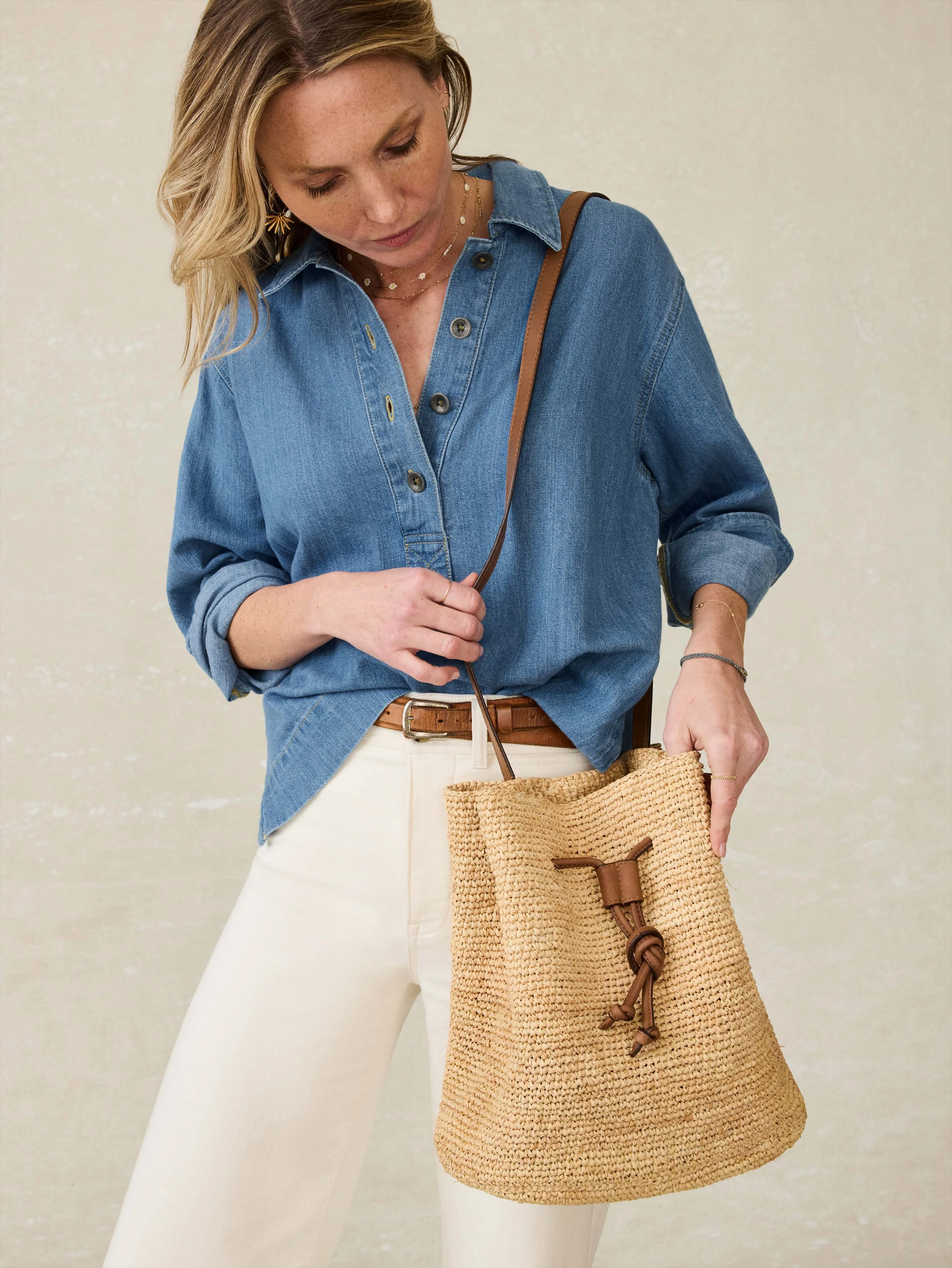 Raffia Drawstring Bucket Bag - Natural sold by Faherty