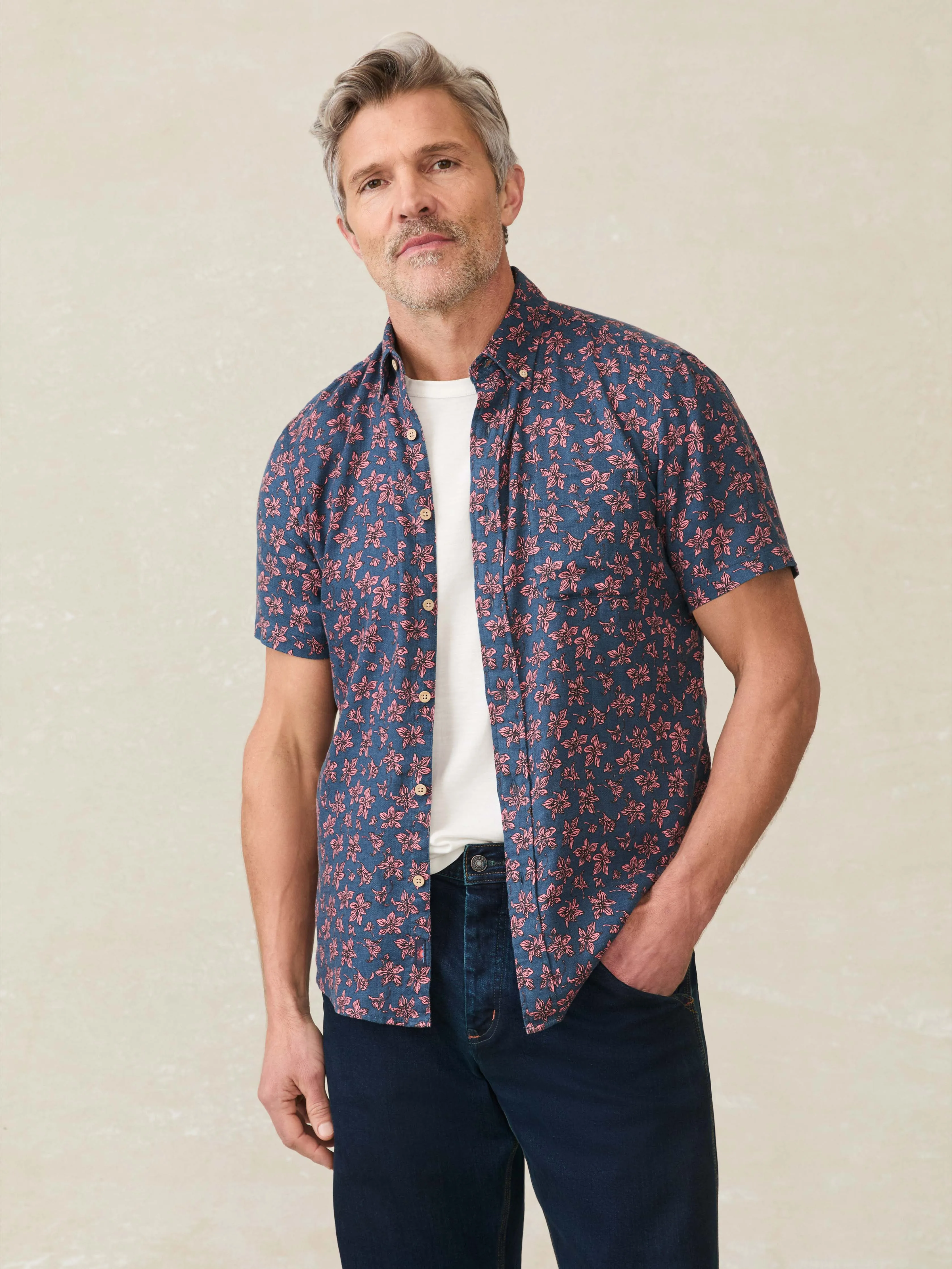 Short-Sleeve Breeze Shirt - Berry Navy Floral sold by Faherty