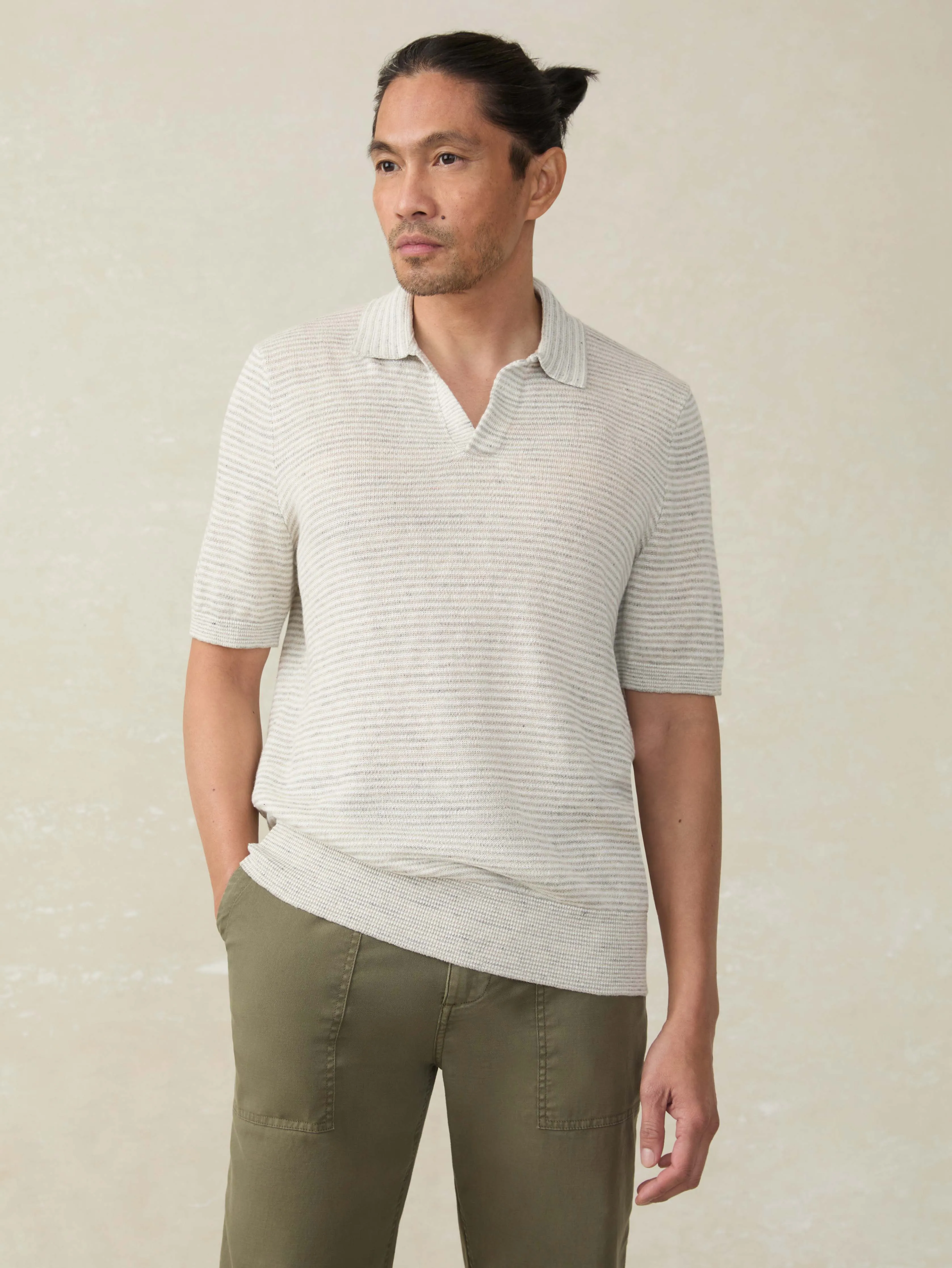Short-Sleeve Linen Sweater Polo - Ivory Steel Feeder sold by Faherty