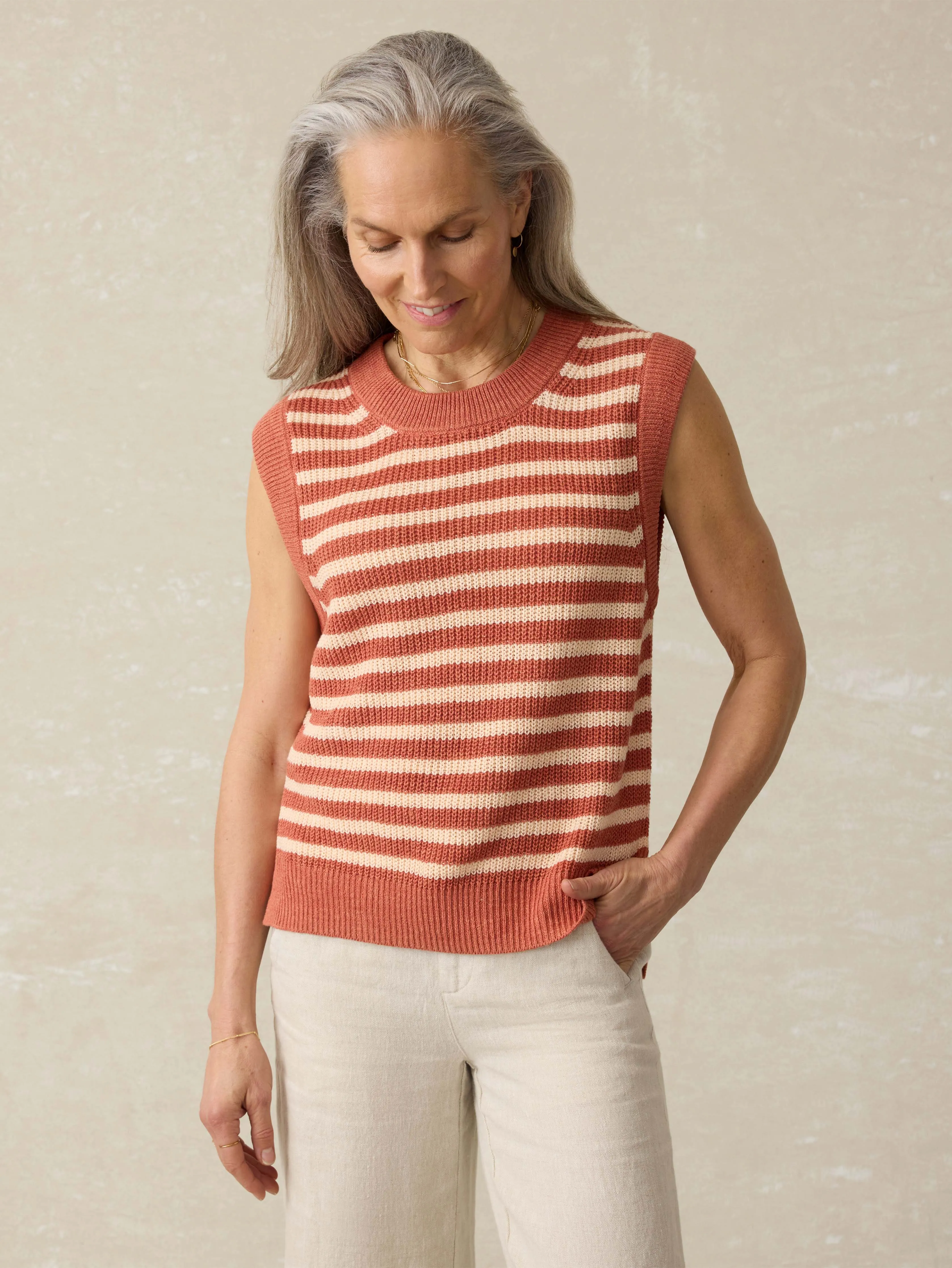 Miramar Linen Sweater Tank - Sandstone Stripe sold by Faherty