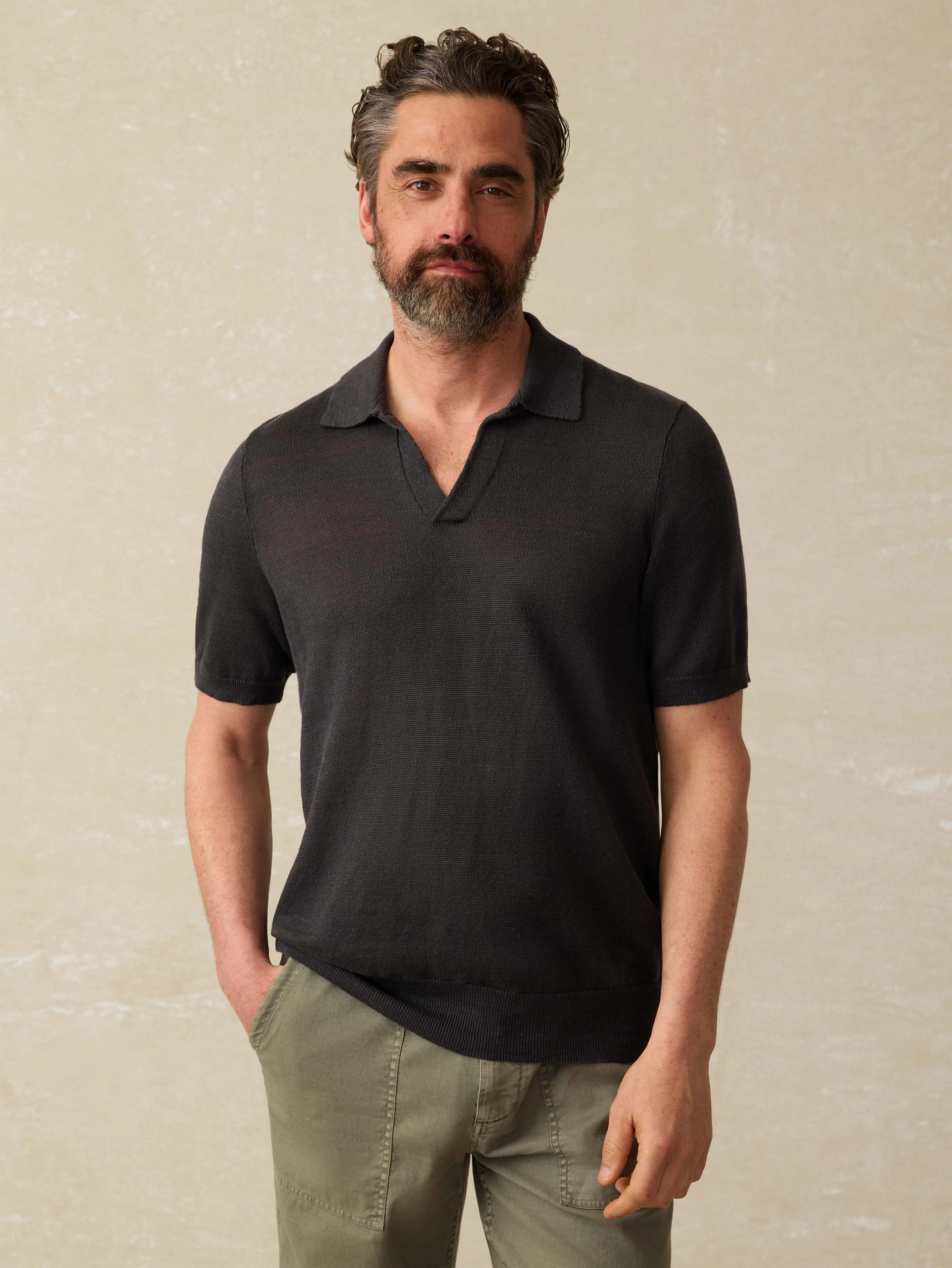 Short-Sleeve Linen Sweater Polo - Mountain Black sold by Faherty