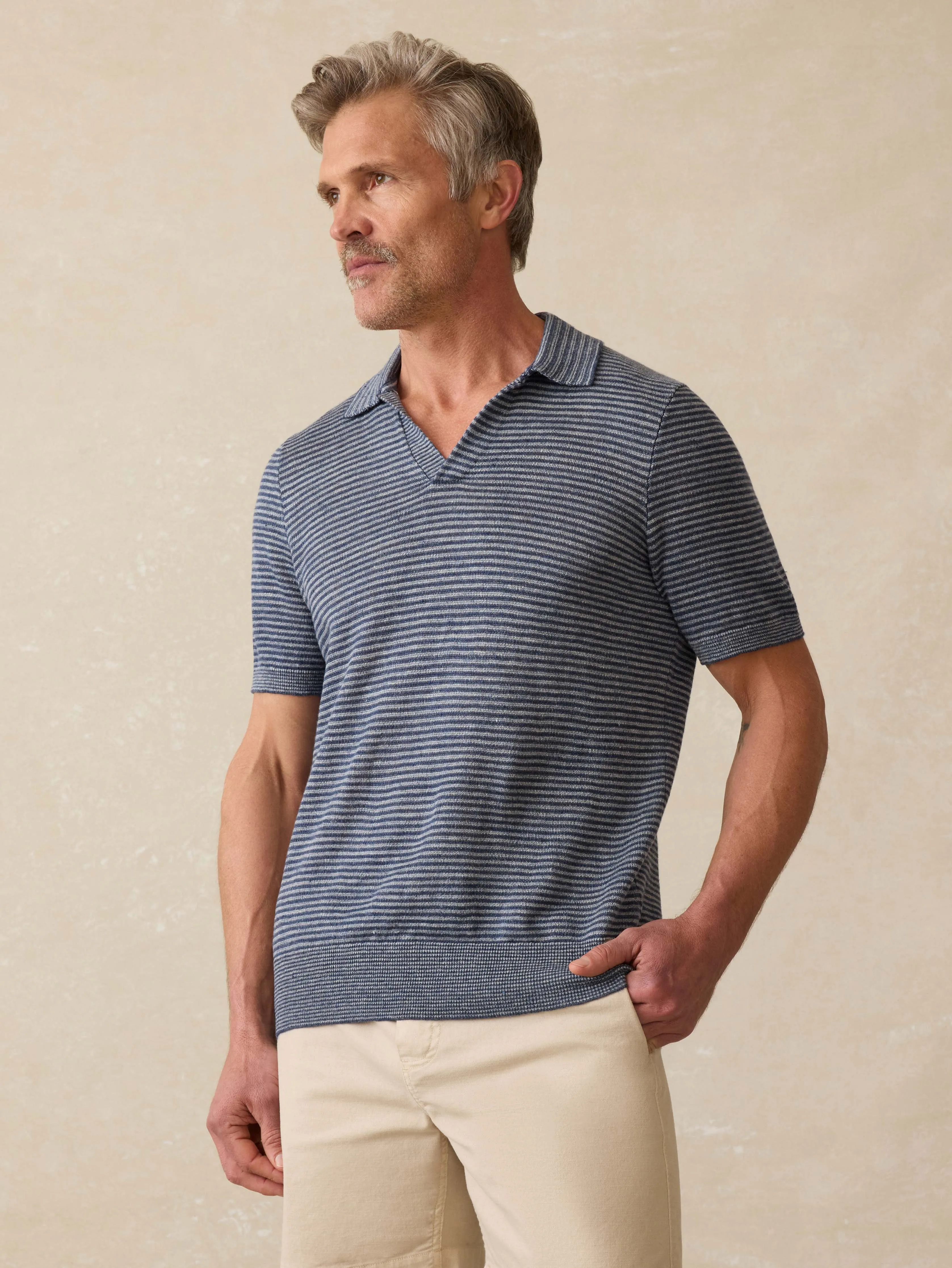 Short-Sleeve Linen Sweater Polo - Cayman Navy Feeder sold by Faherty
