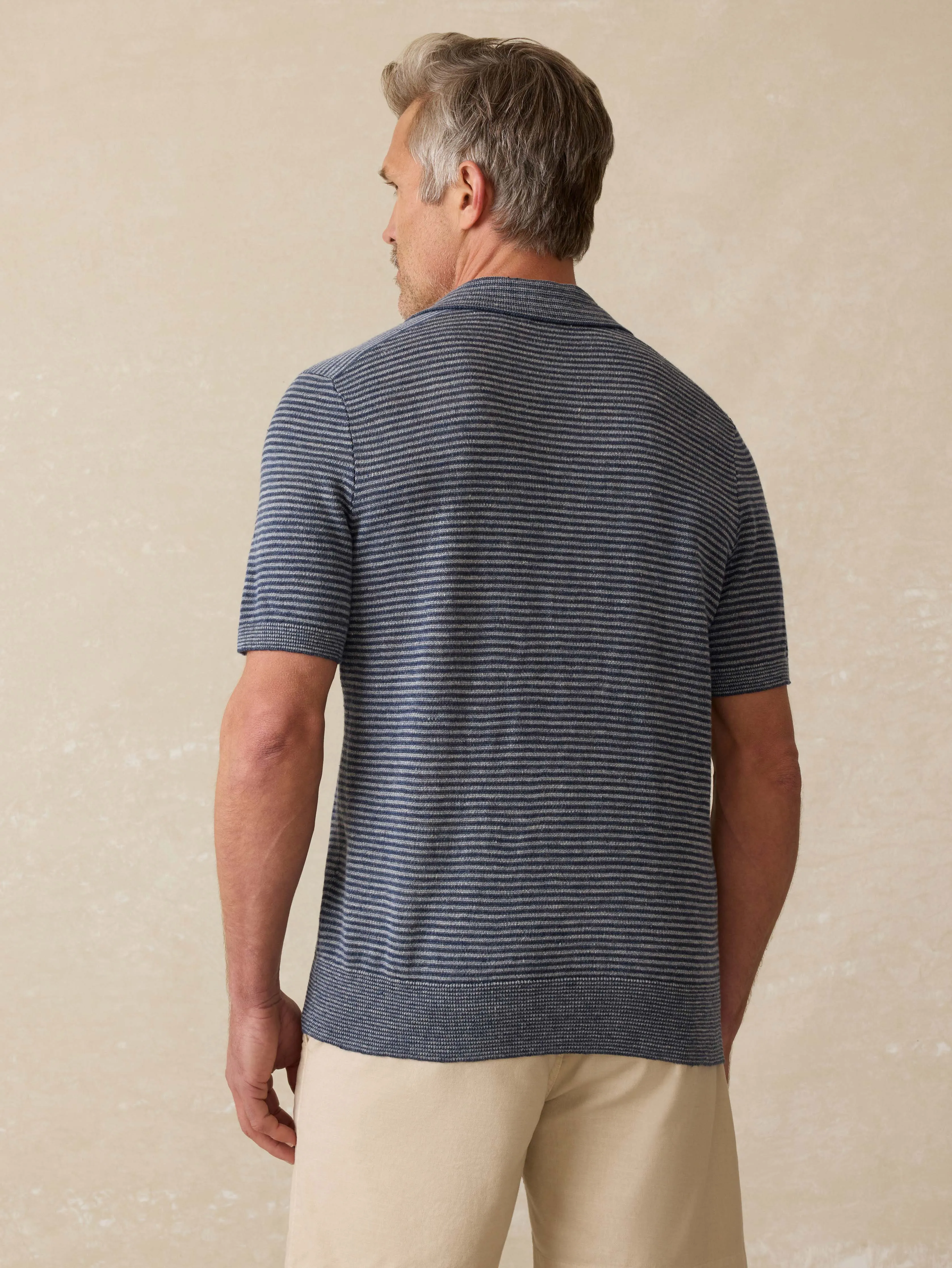 Short-Sleeve Linen Sweater Polo - Cayman Navy Feeder sold by Faherty product image thumbnail 4