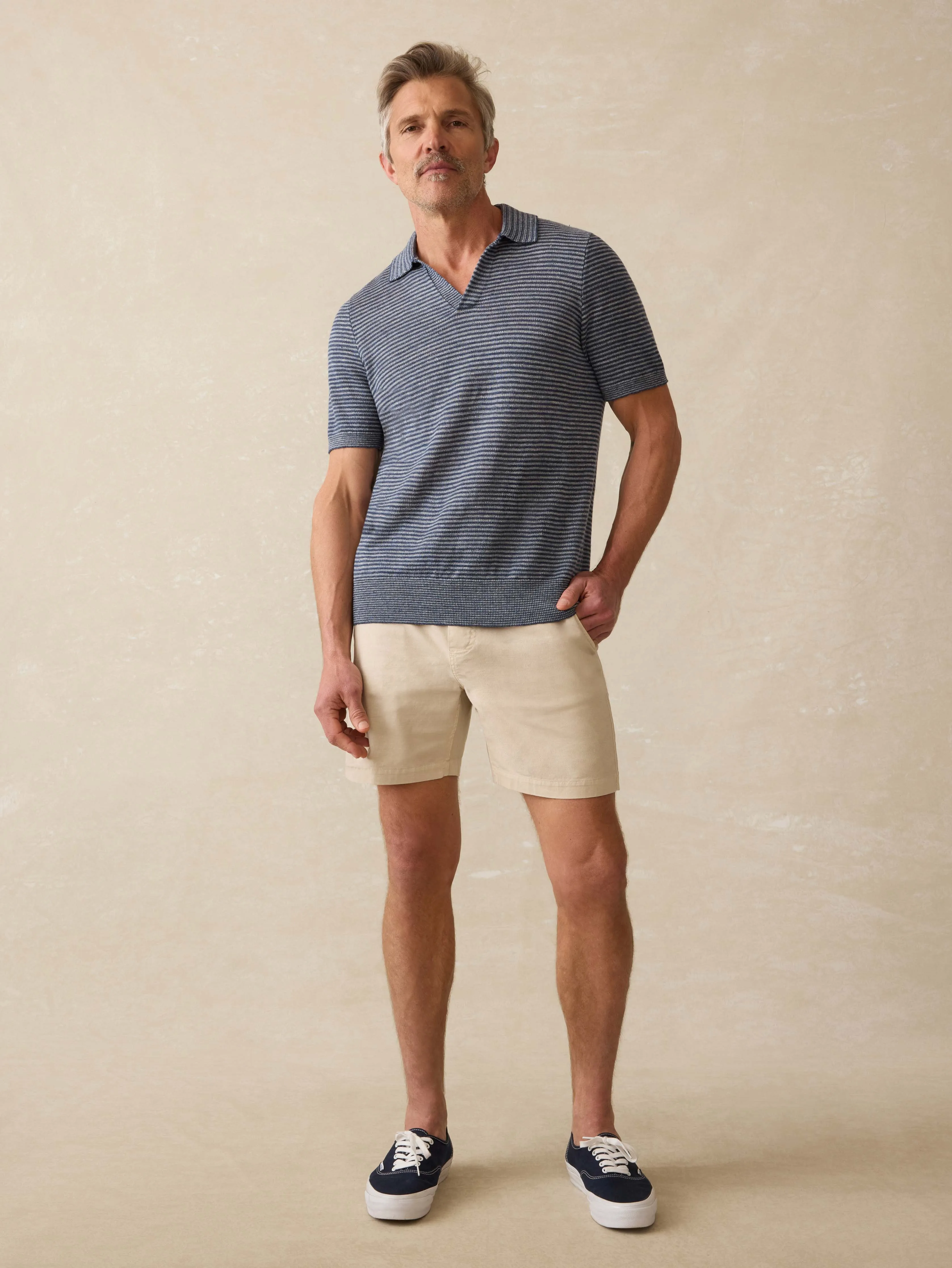Short-Sleeve Linen Sweater Polo - Cayman Navy Feeder sold by Faherty product image thumbnail 3