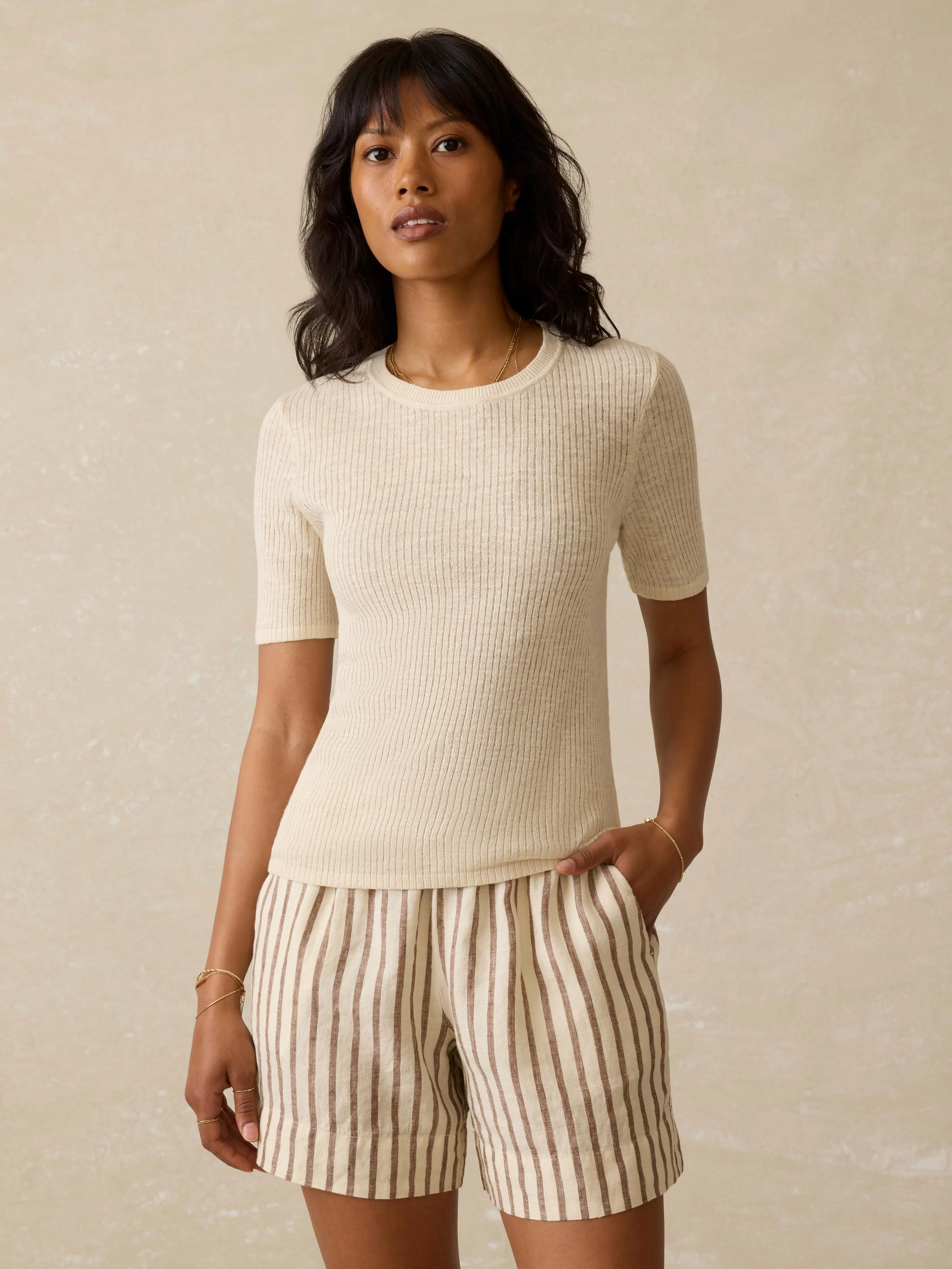 Miramar Linen Mini Rib Tee - Summer Sand sold by Faherty