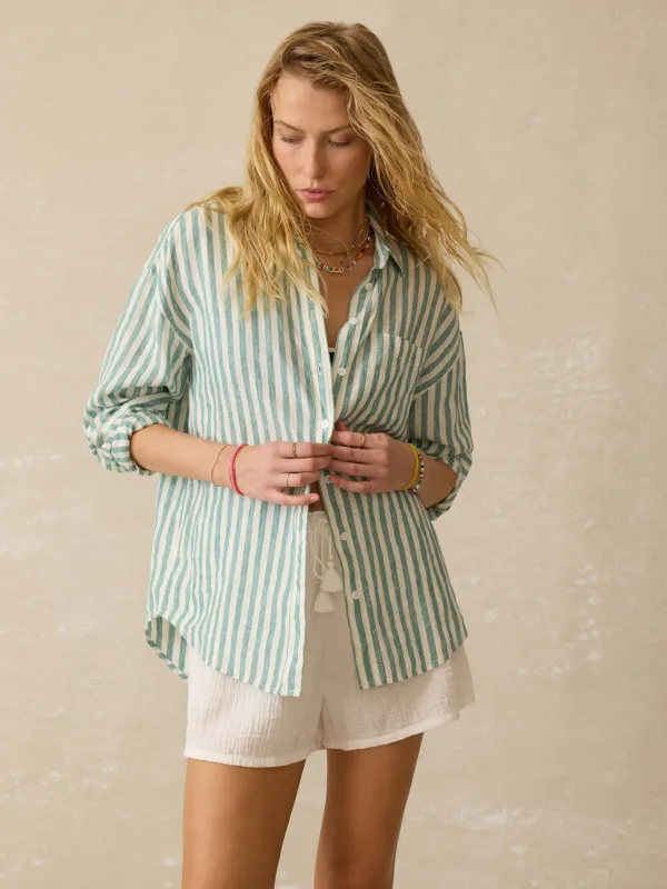 Laguna Linen Relaxed Shirt - Deep Jungle Lucy Stripe sold by Faherty