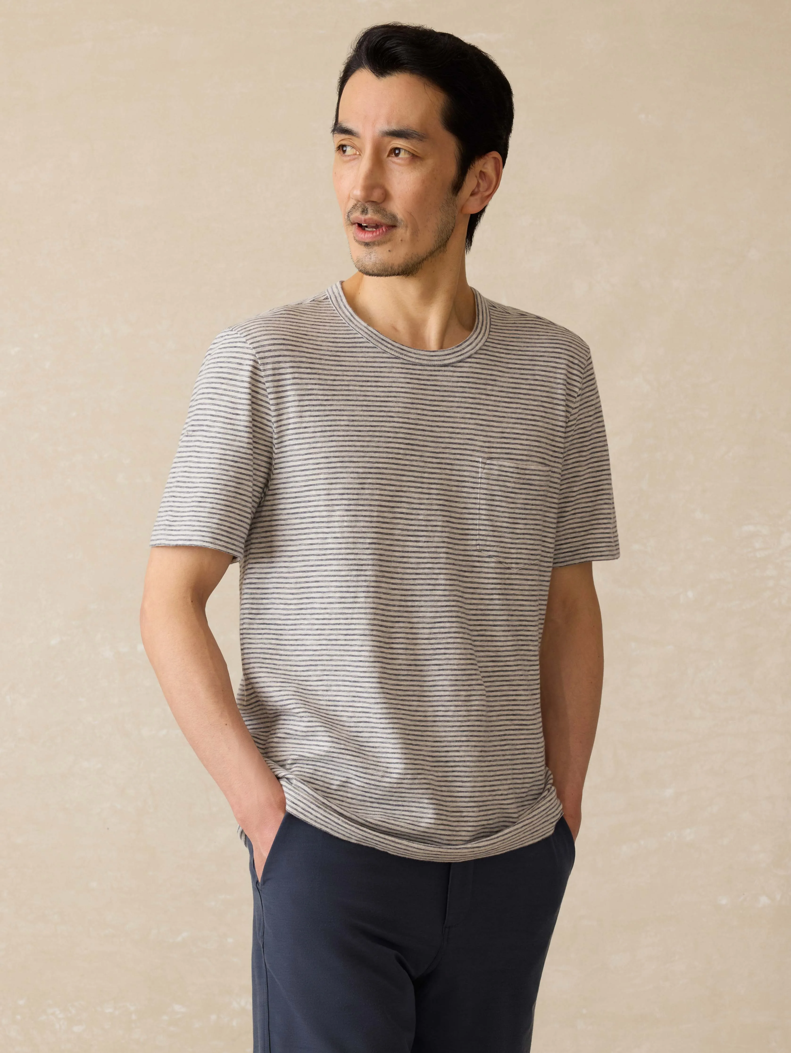 Sunwashed Pocket Tee - Silver Sea Stripe sold by Faherty