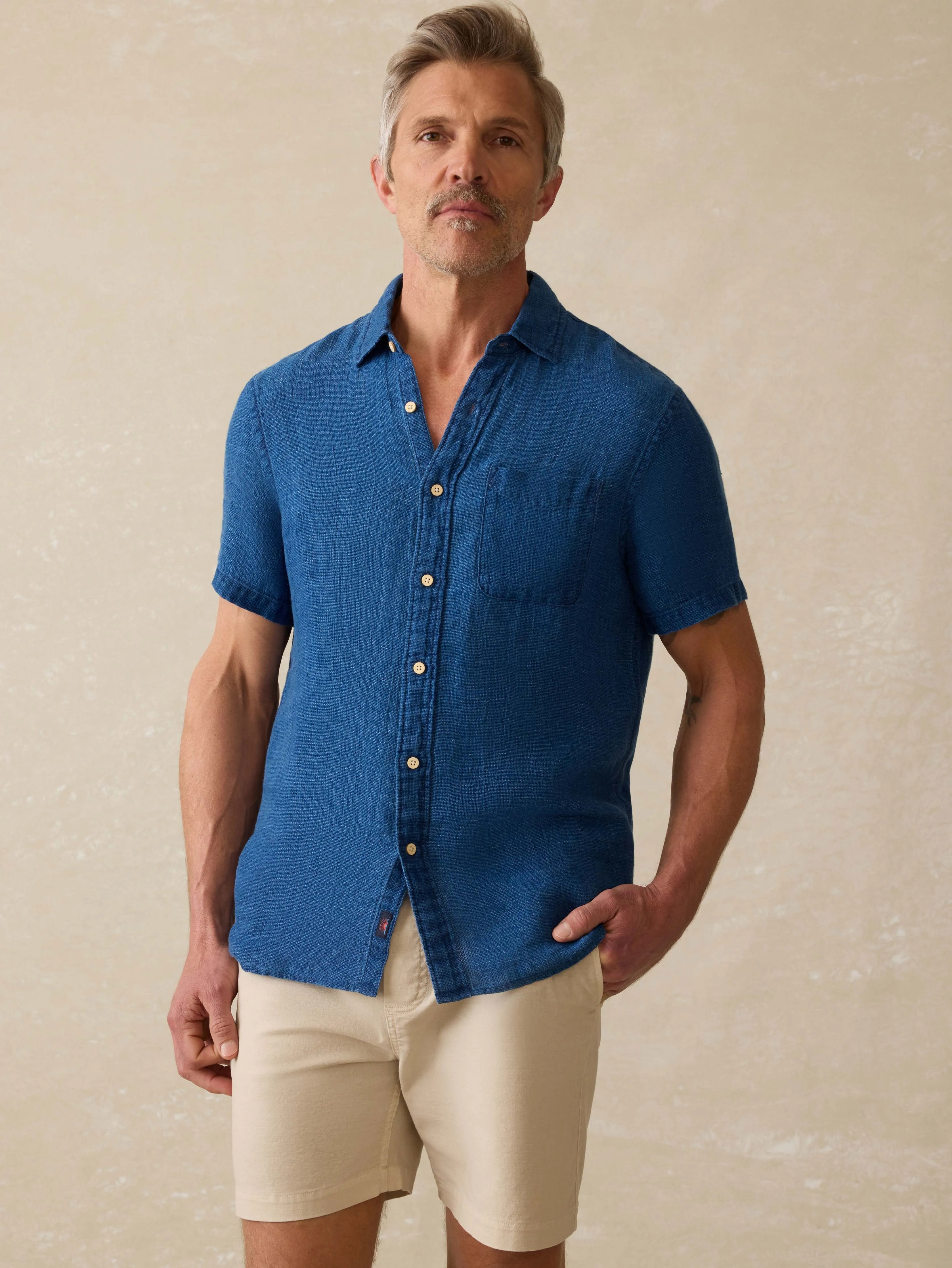 Short-Sleeve Palma Linen Shirt - Indigo Basketweave sold by Faherty