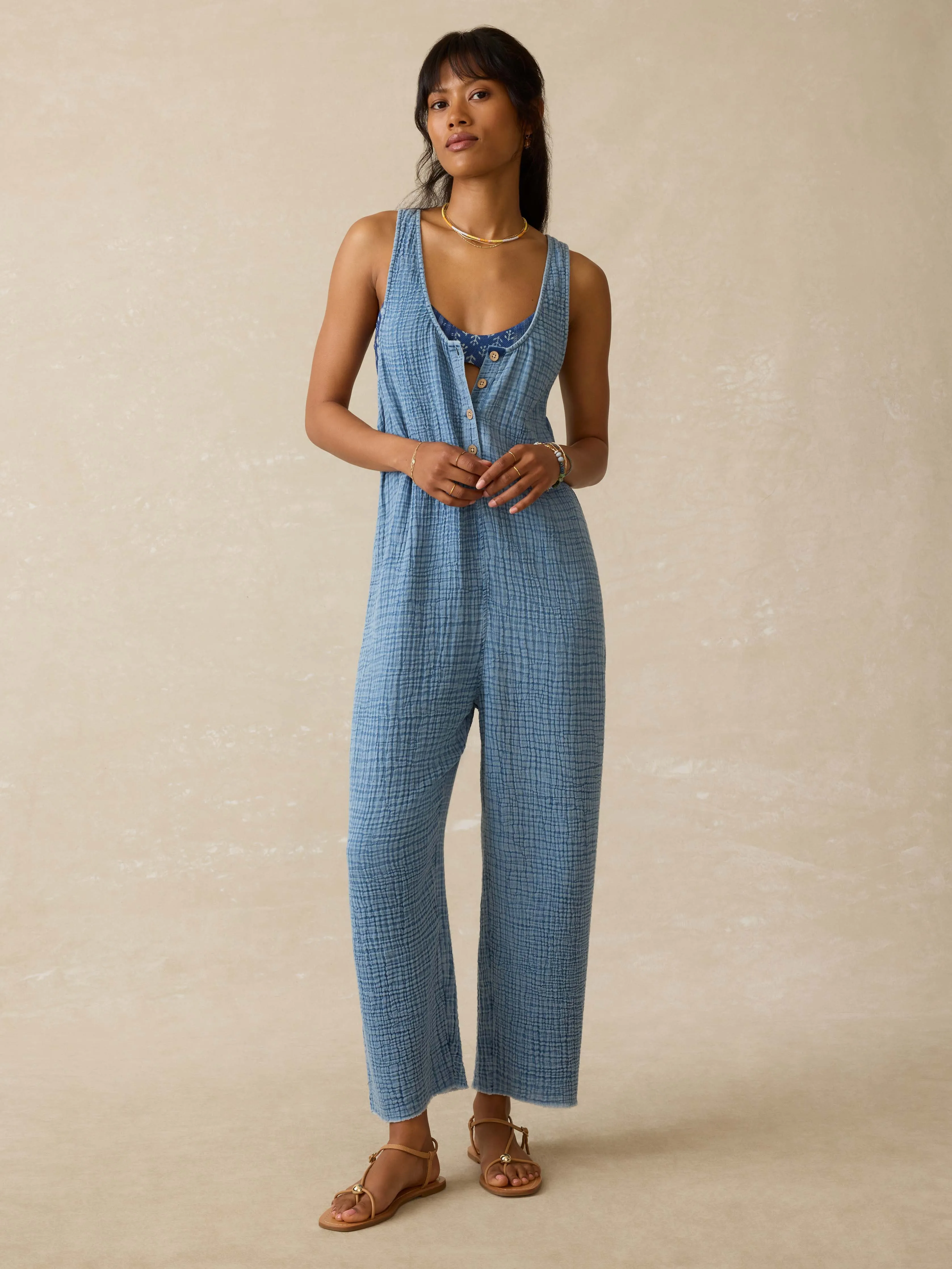 Dune Cotton Gauze Dawson Jumpsuit - Light Indigo Wash sold by Faherty