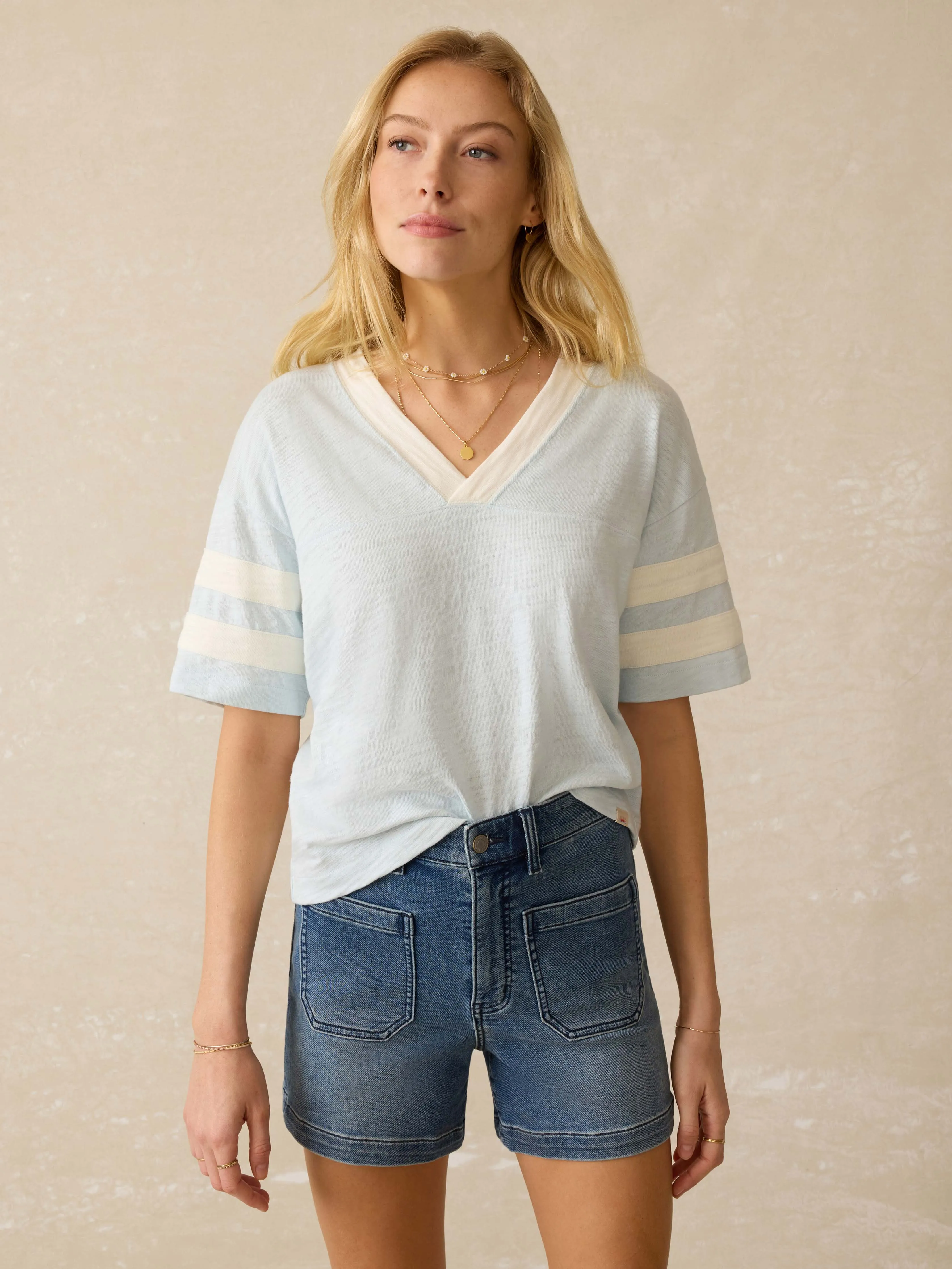 Sunwashed Slub Varsity Tee - Sky Varsity sold by Faherty