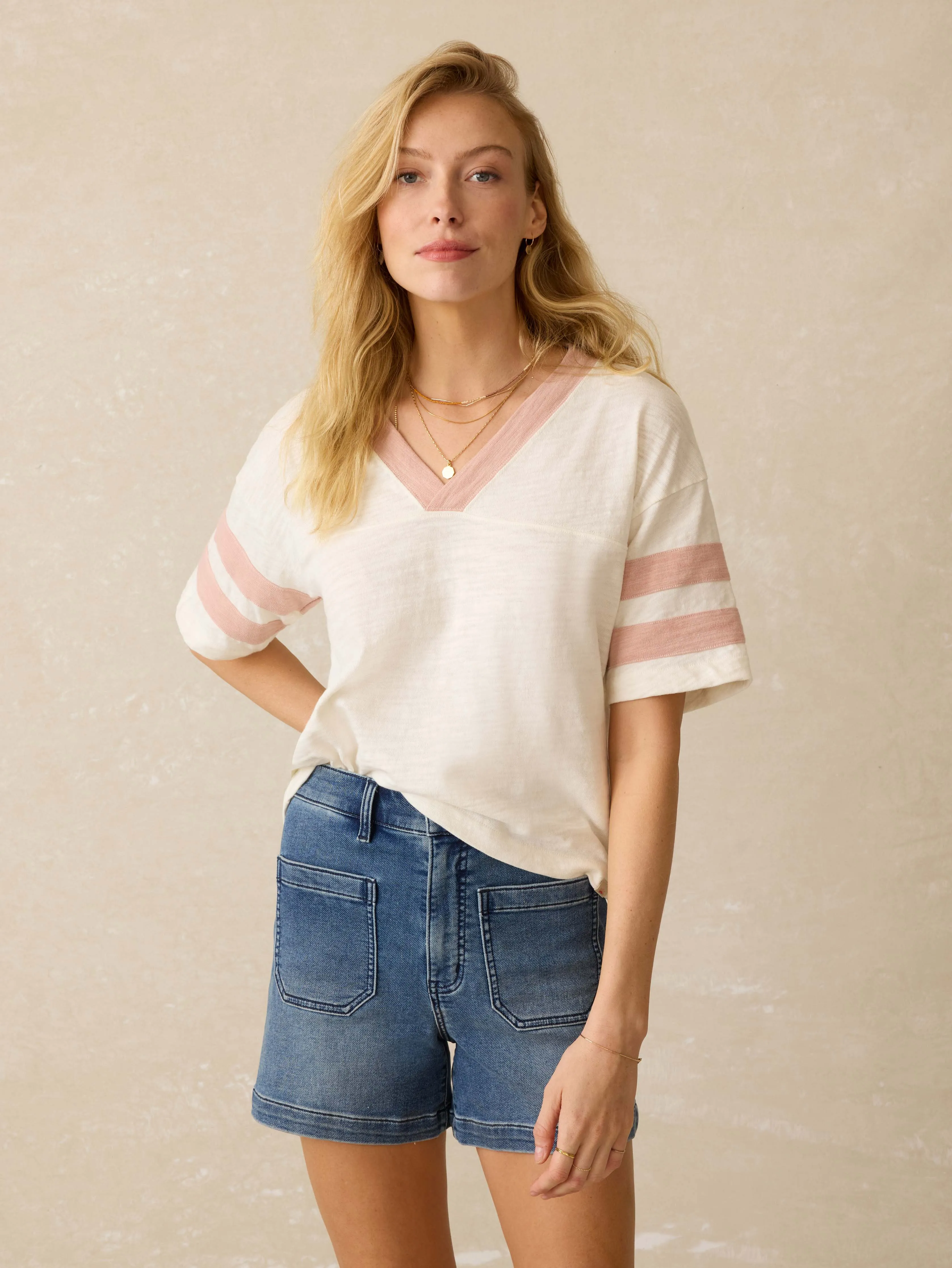 Sunwashed Slub Varsity Tee - Pink Varsity sold by Faherty