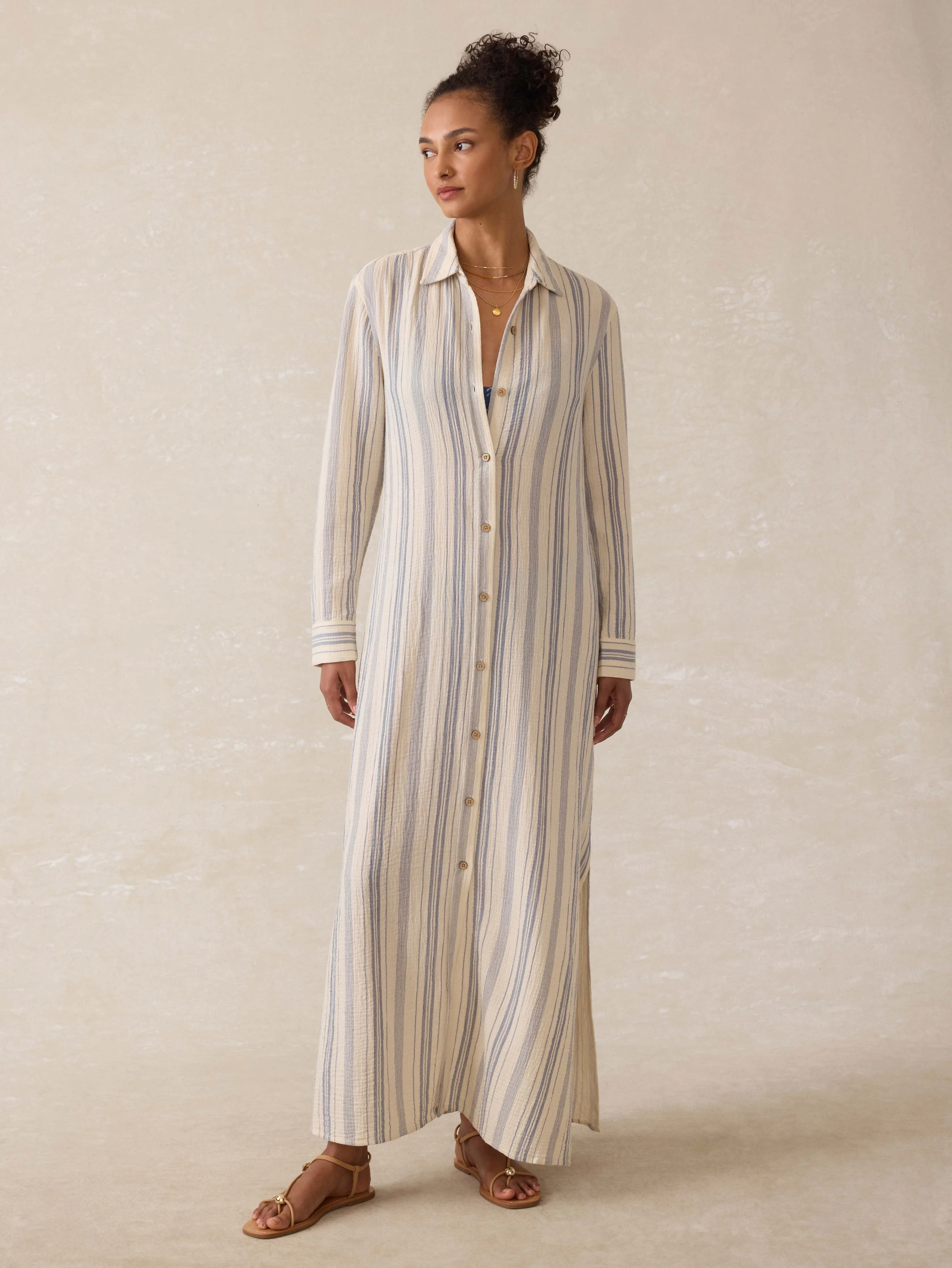 Dune Cotton Gauze Isla Shirtdress - Aqua Sea Stripe sold by Faherty product image thumbnail 2