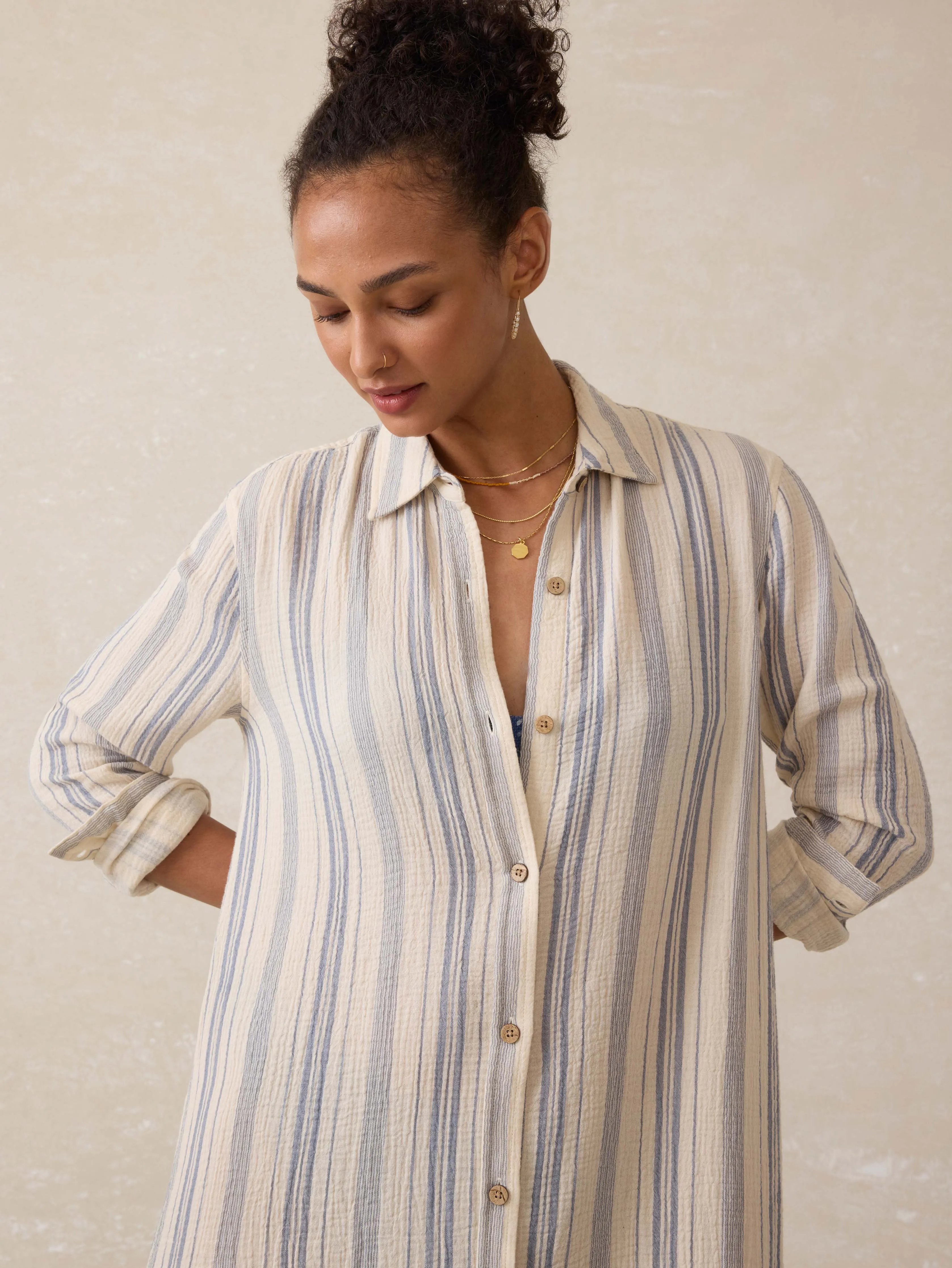 Dune Cotton Gauze Isla Shirtdress - Aqua Sea Stripe sold by Faherty product image thumbnail 3