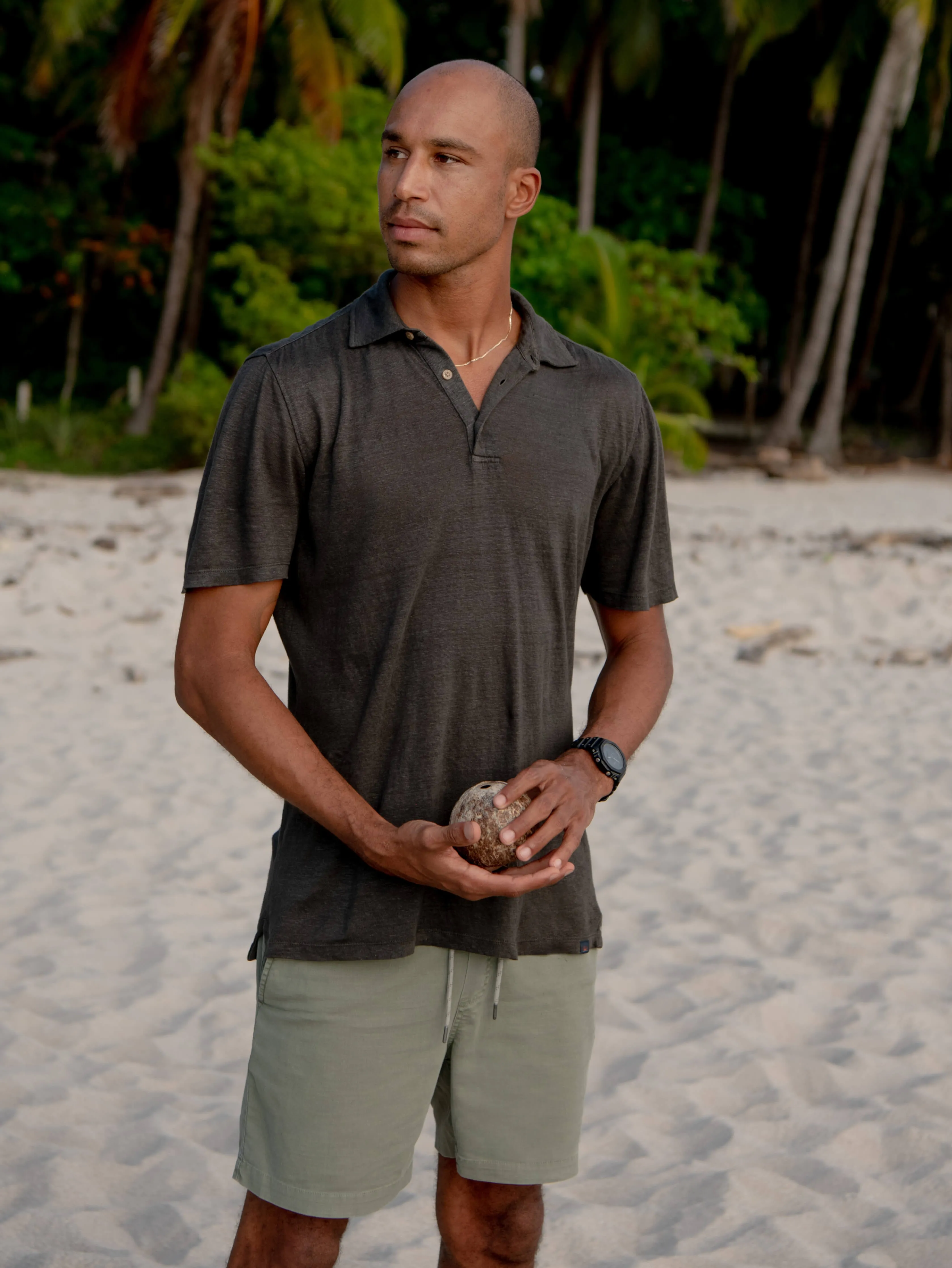 Short-Sleeve Linen Polo - Washed Black sold by Faherty