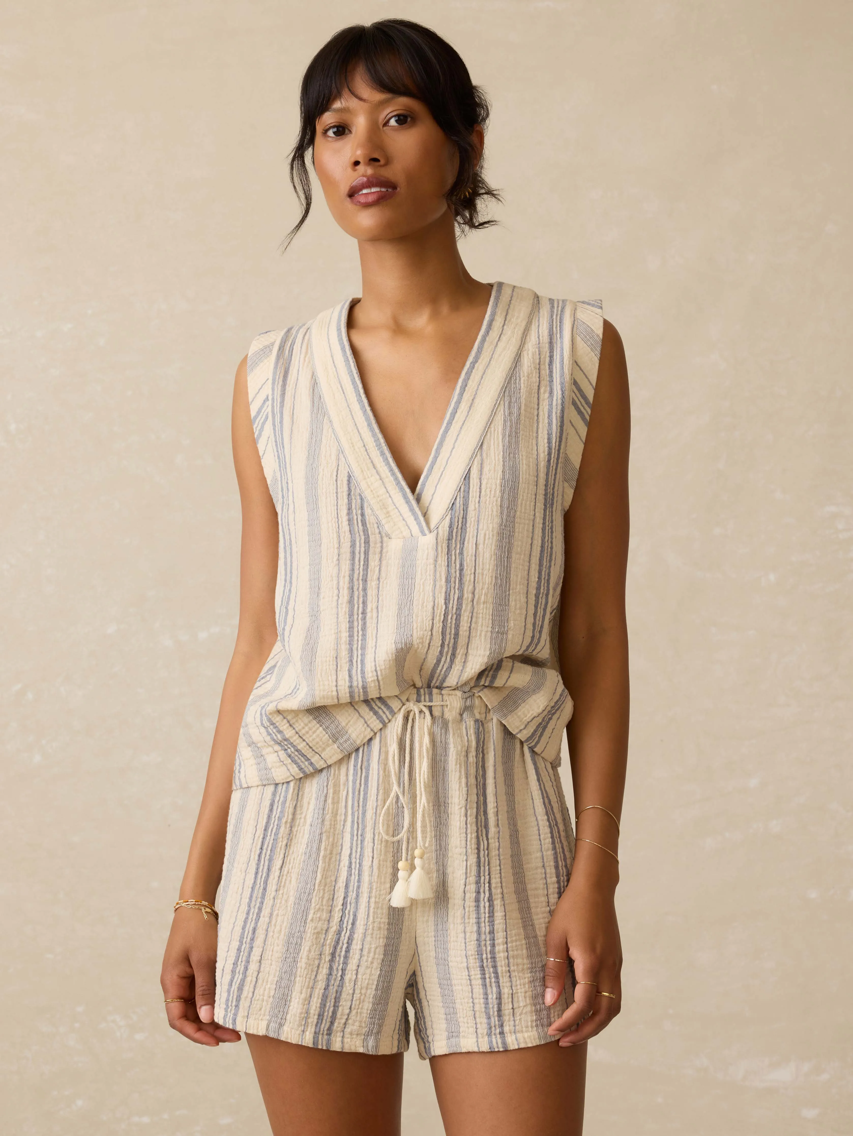 Dune Cotton Gauze Sleeveless Popover - Aqua Sea Stripe sold by Faherty