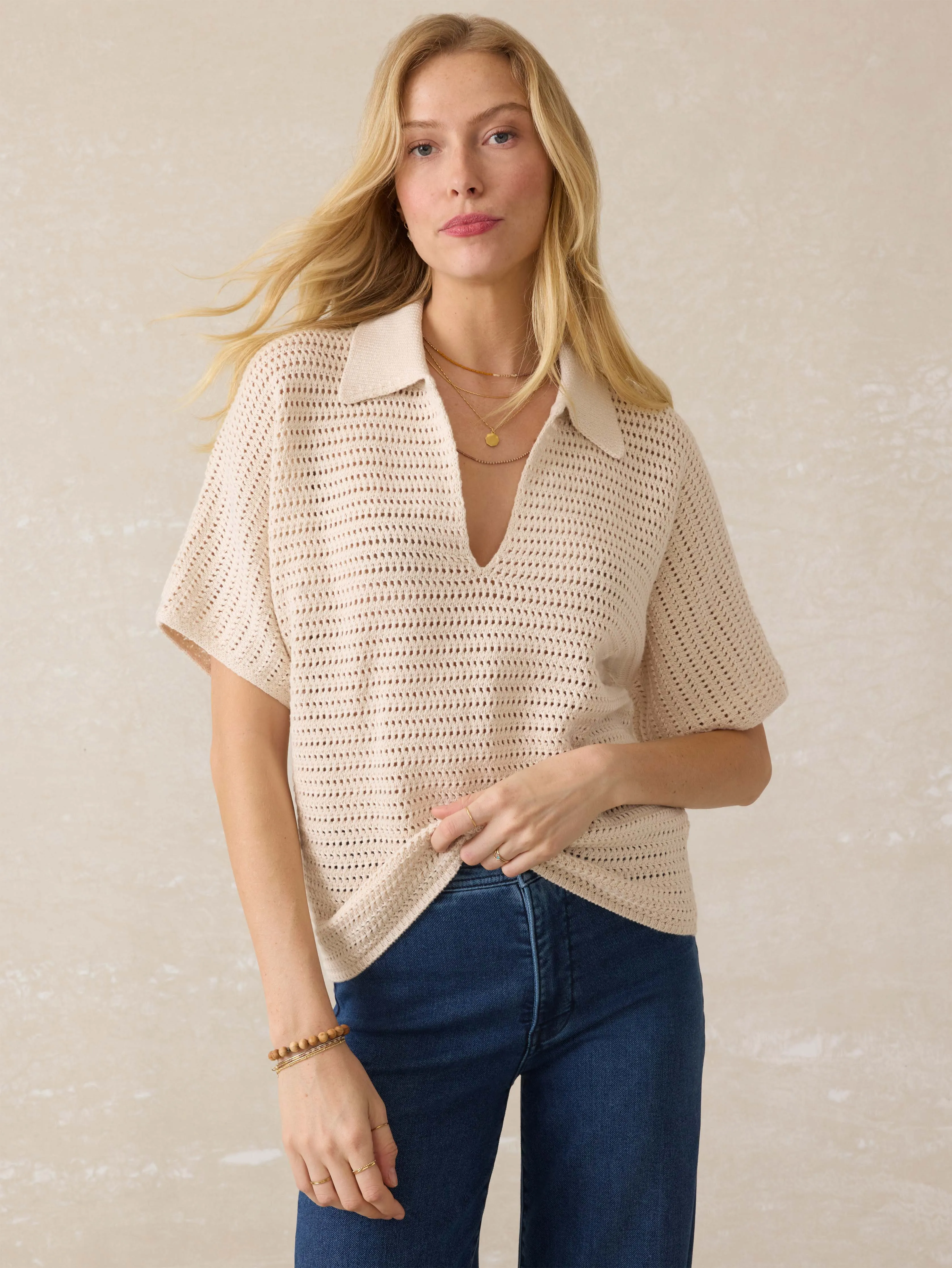 Seacoast Crochet Polo - Cream sold by Faherty