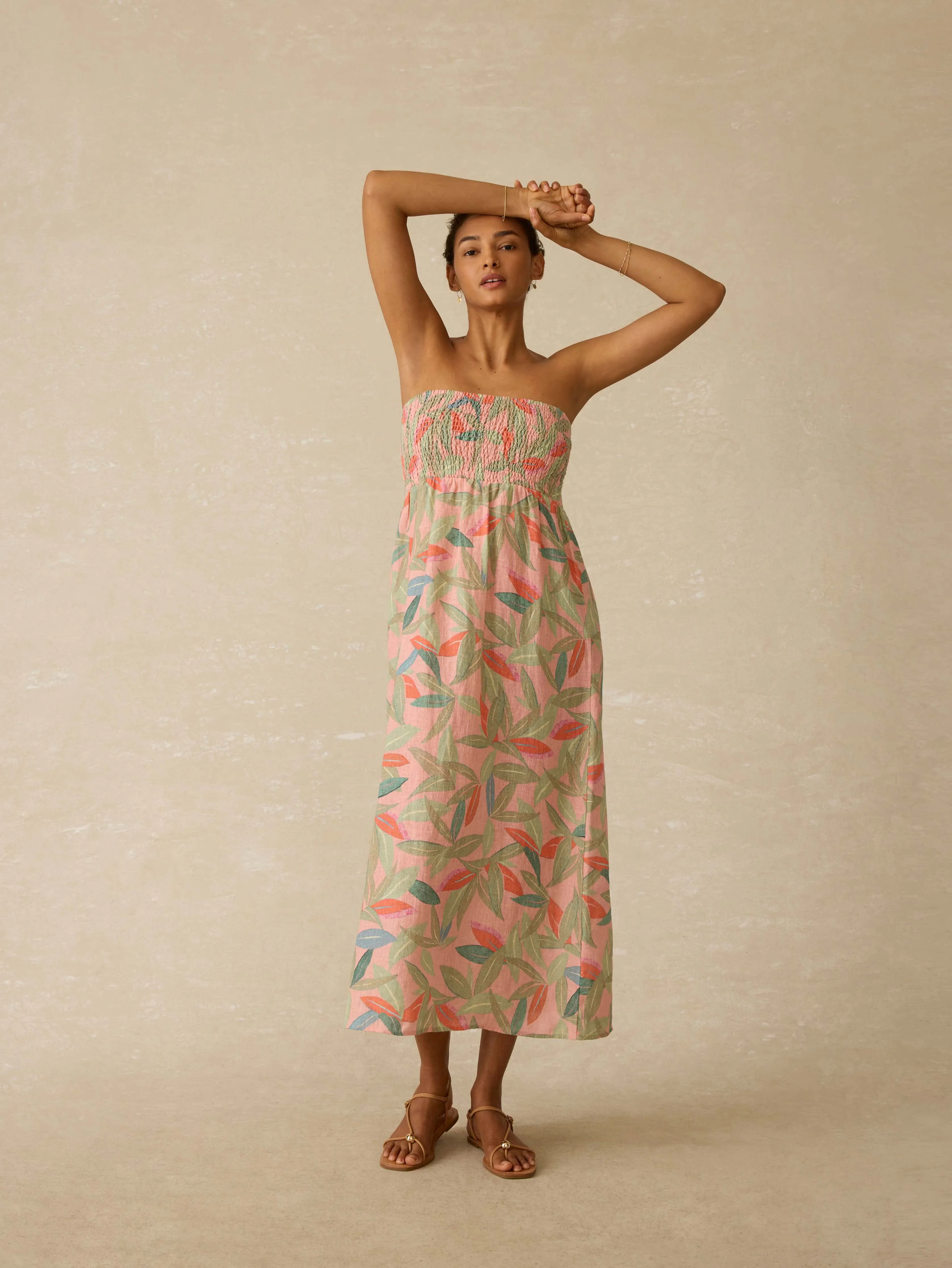 Sunrise Smocked Dress - Watercolor Palms sold by Faherty