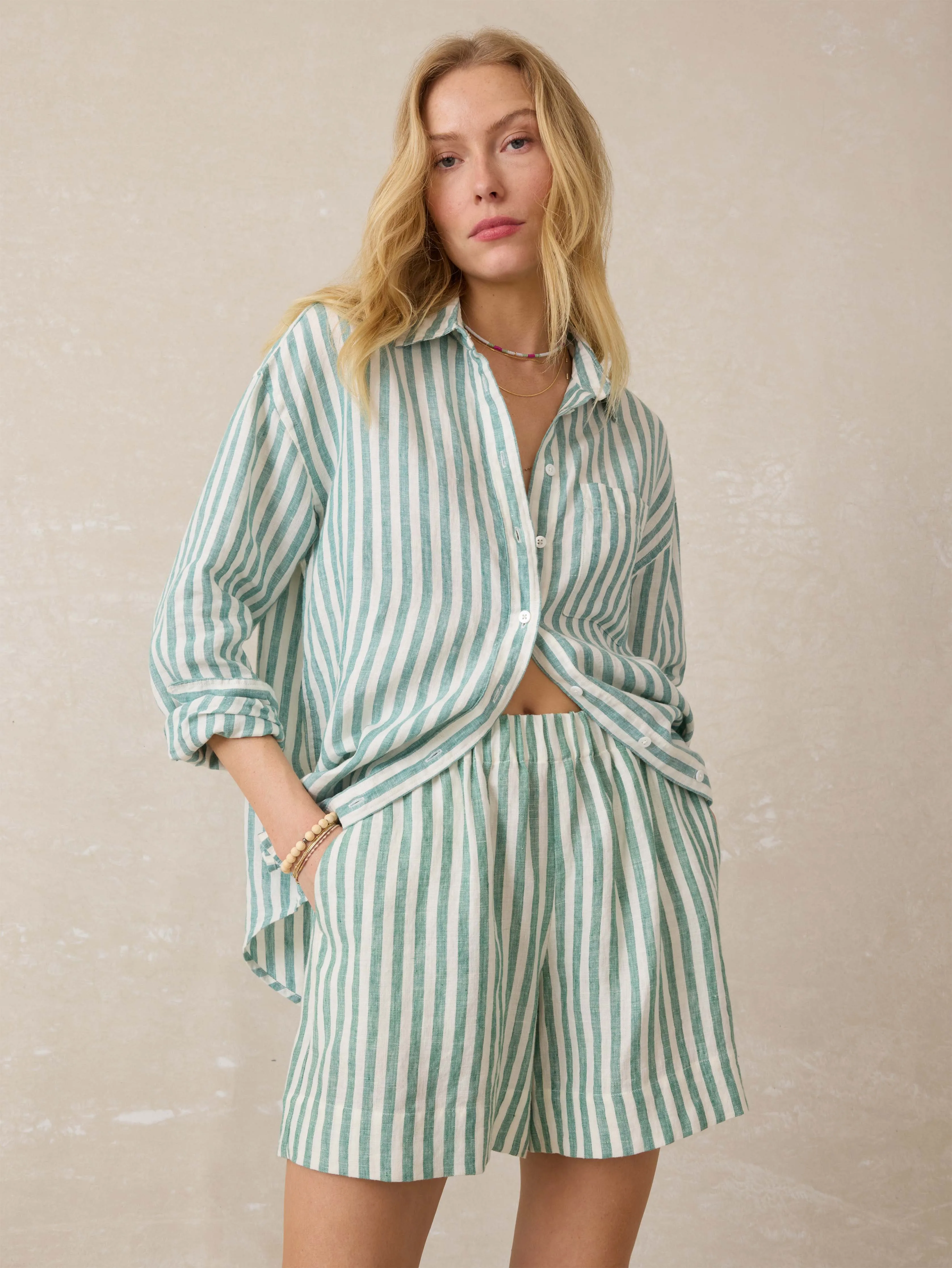 Laguna Linen Bayview Short - Deep Jungle Lucy Stripe sold by Faherty