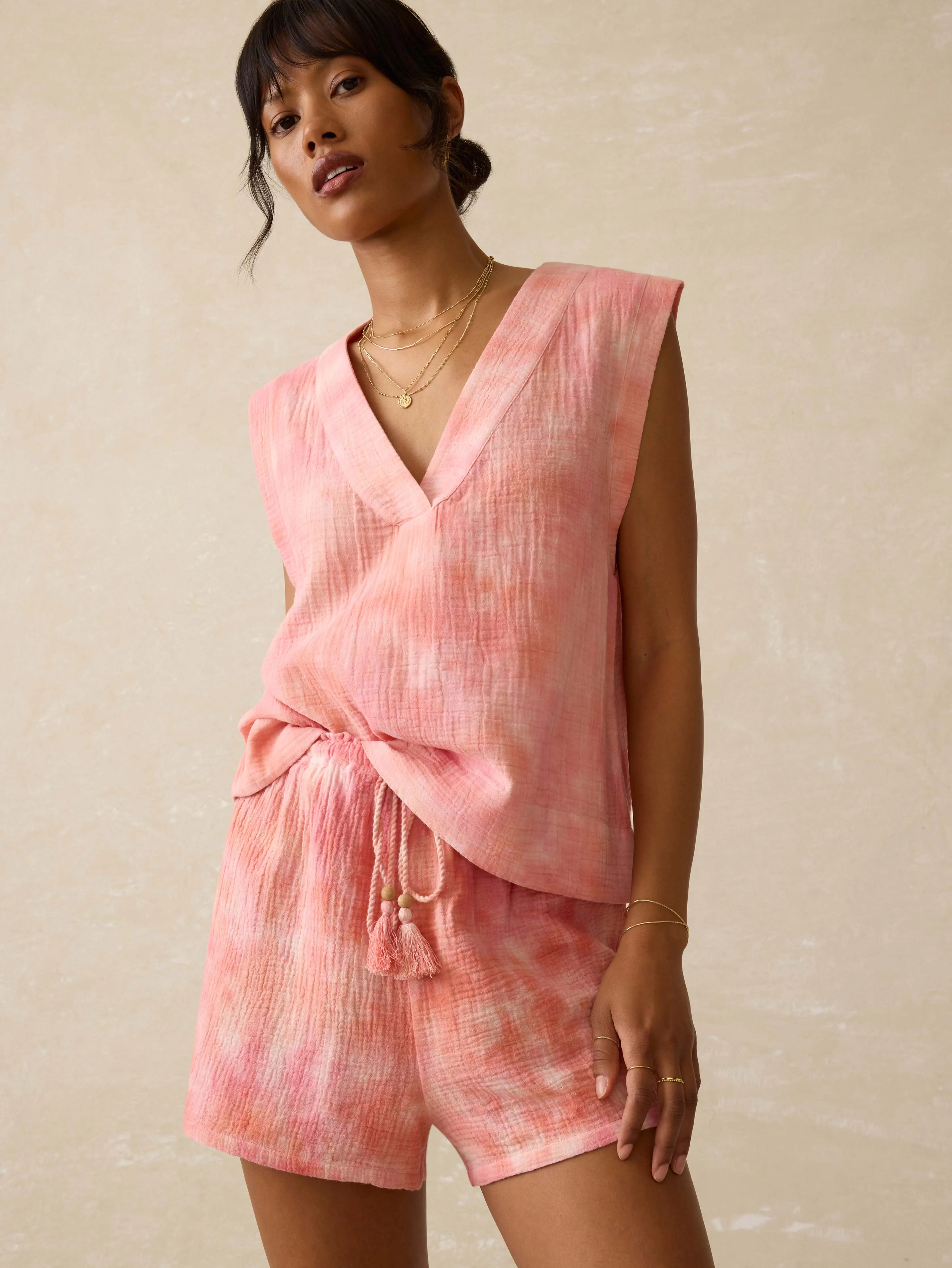Dune Cotton Gauze Sleeveless Popover - Coral Skies Tie Dye sold by Faherty