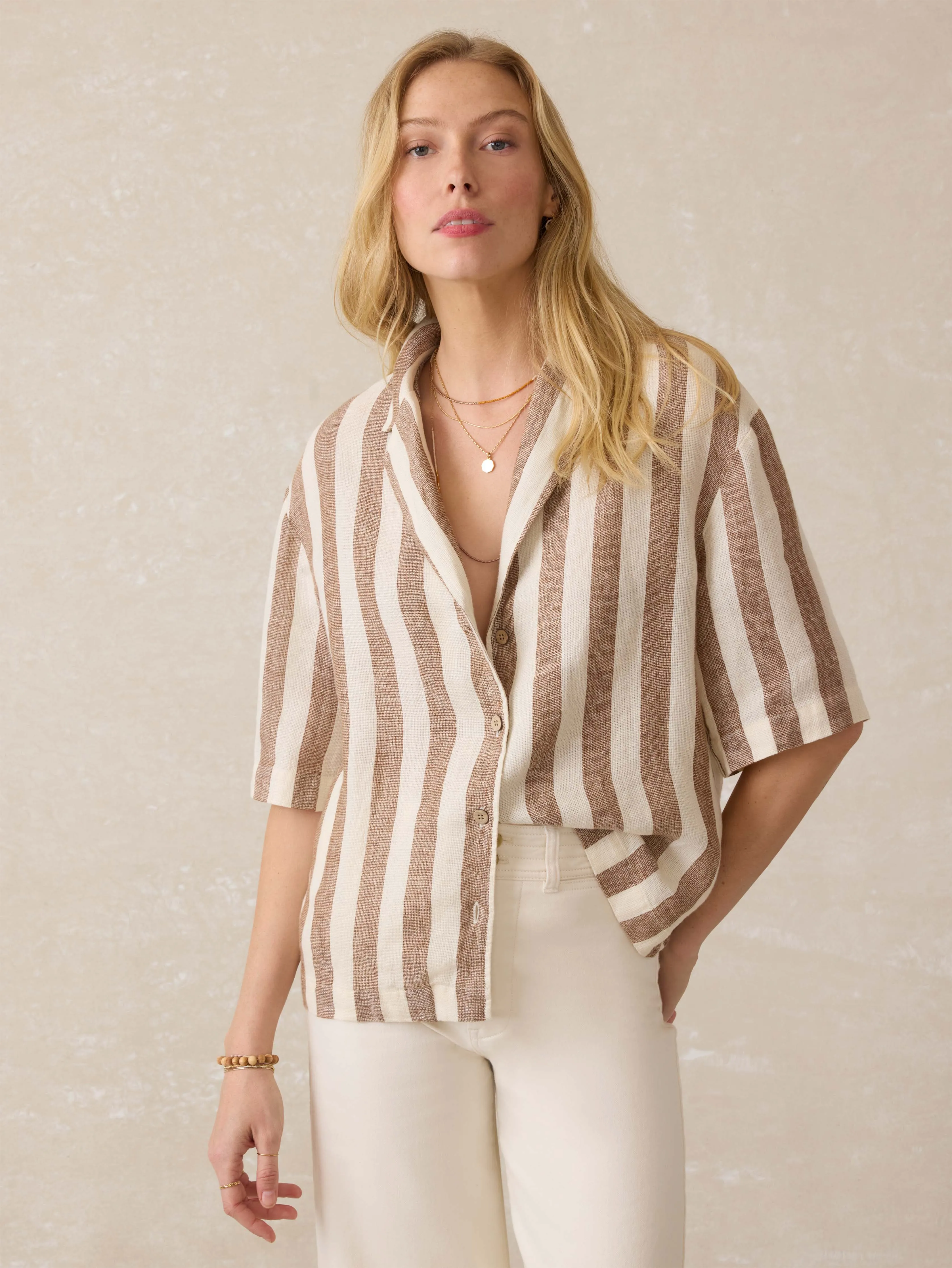 Palma Linen Camp Shirt - Cocoa Beach Stripe sold by Faherty