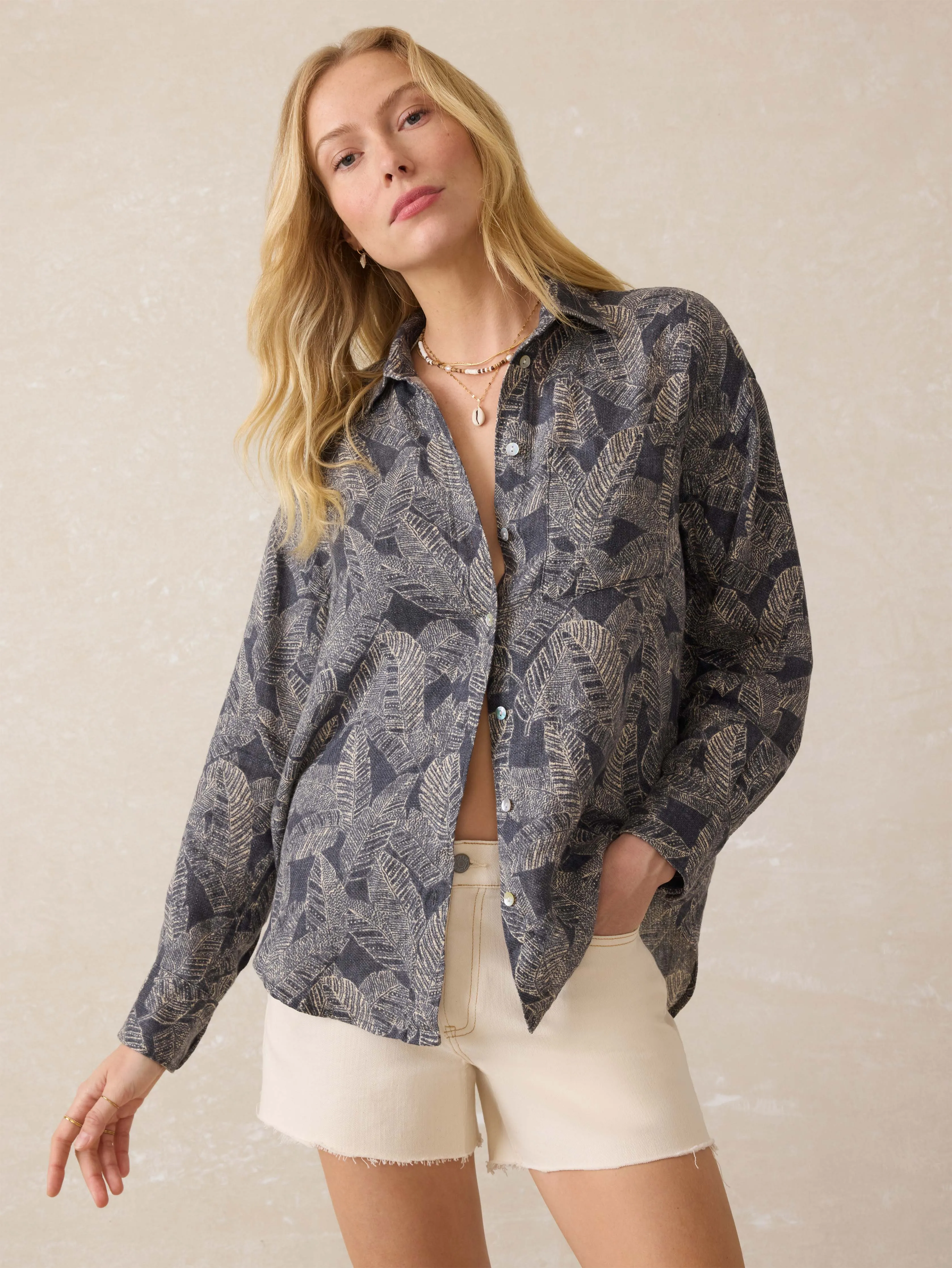 Palma Linen Relaxed Shirt - Charcoal Banana Leaf sold by Faherty