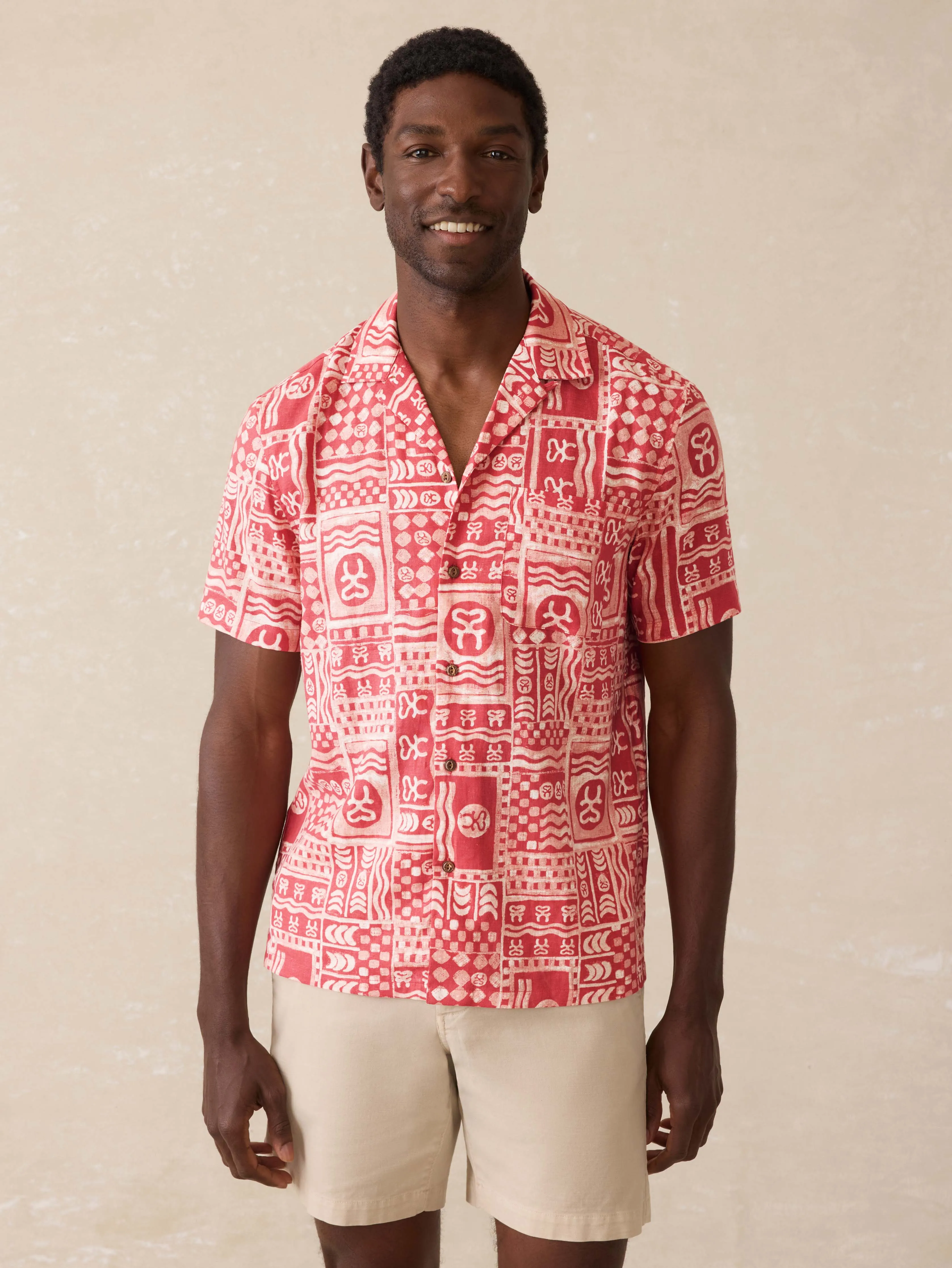 Surf Ghana Short-Sleeve Breeze Camp Shirt - Sankofa Tile Clay sold by Faherty