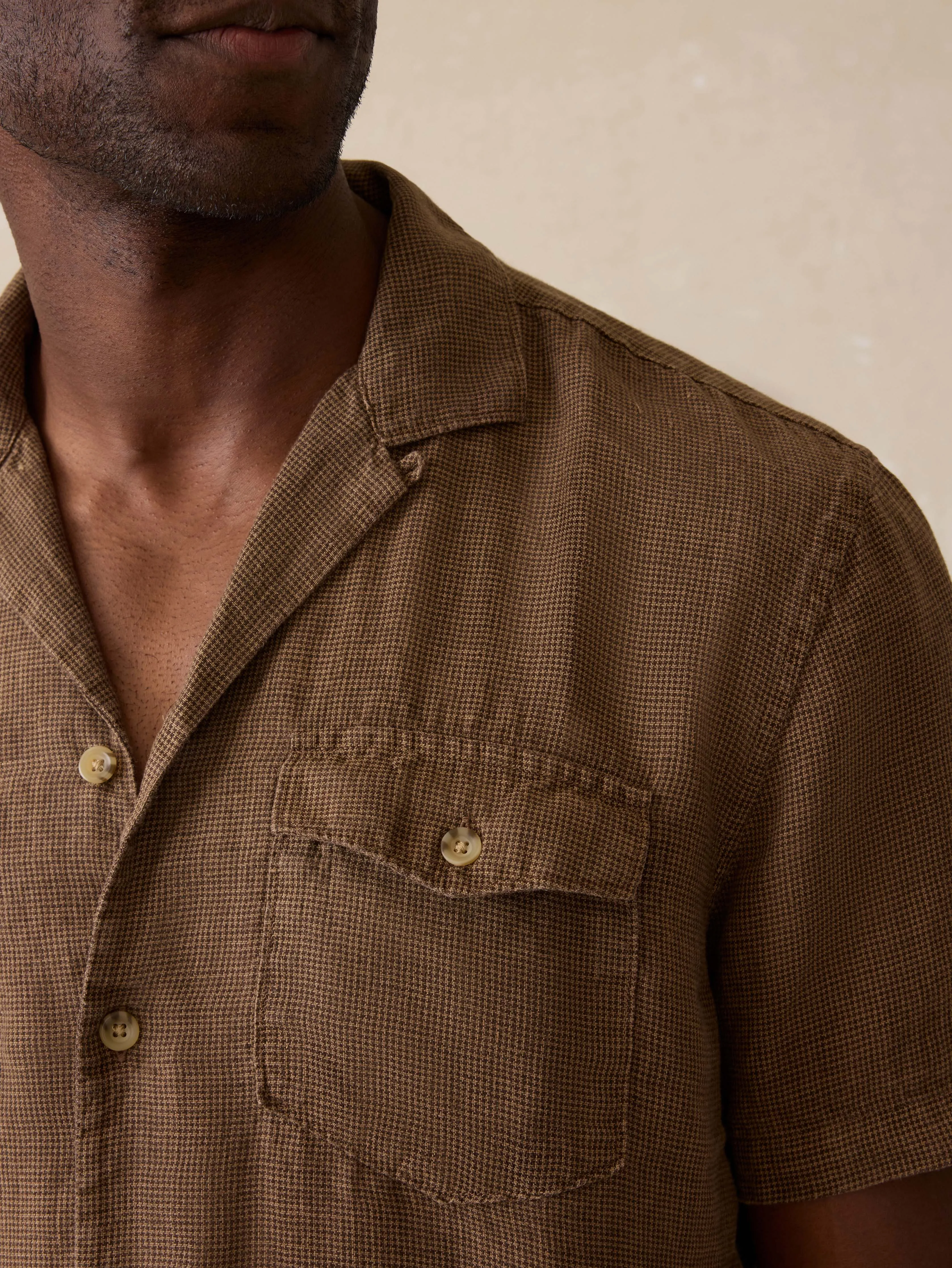 Short-Sleeve Reserve Basque Camp Shirt - Dark Oakwood Pincheck sold by Faherty product image thumbnail 3