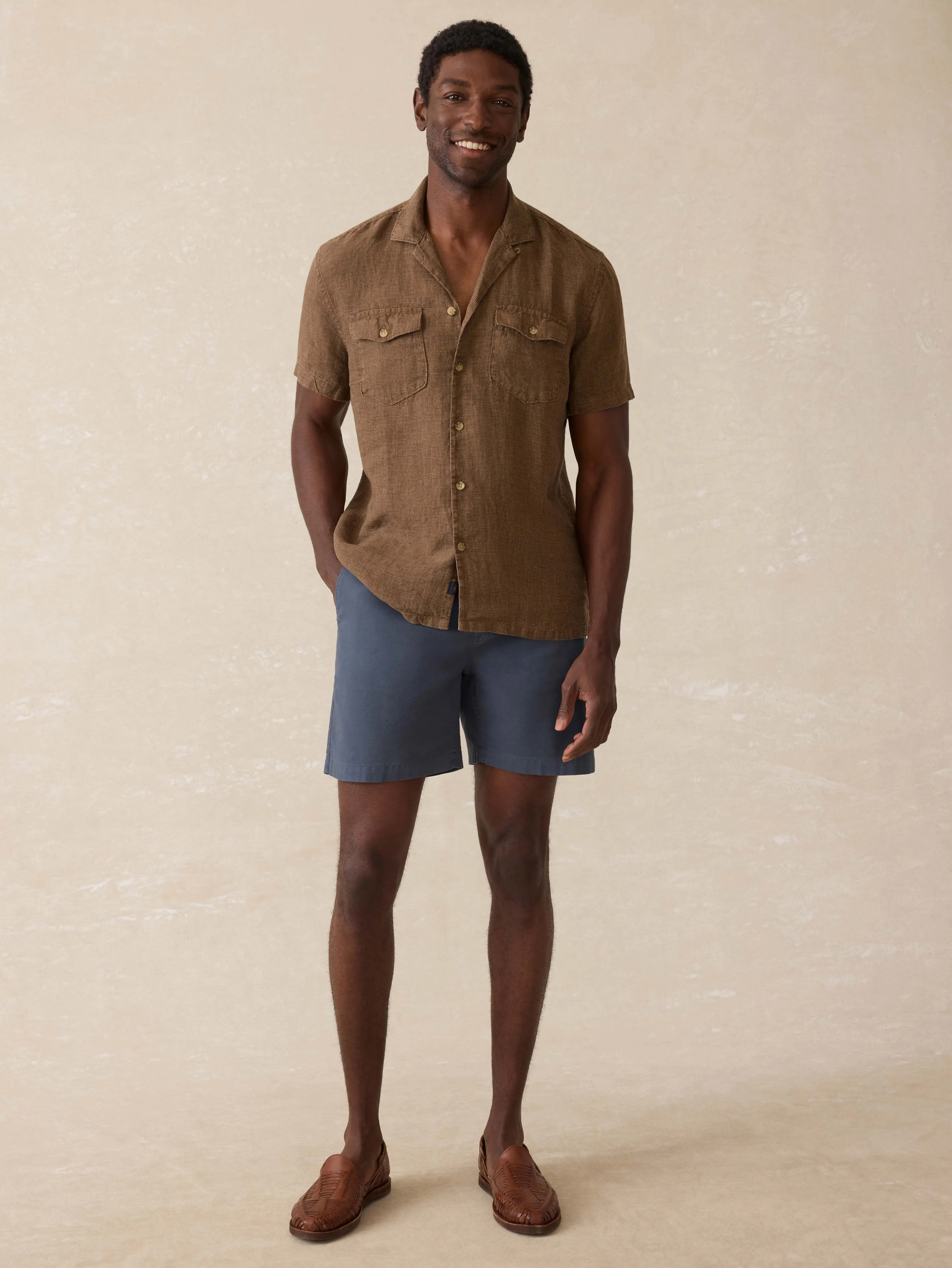 Short-Sleeve Reserve Basque Camp Shirt - Dark Oakwood Pincheck sold by Faherty product image thumbnail 2
