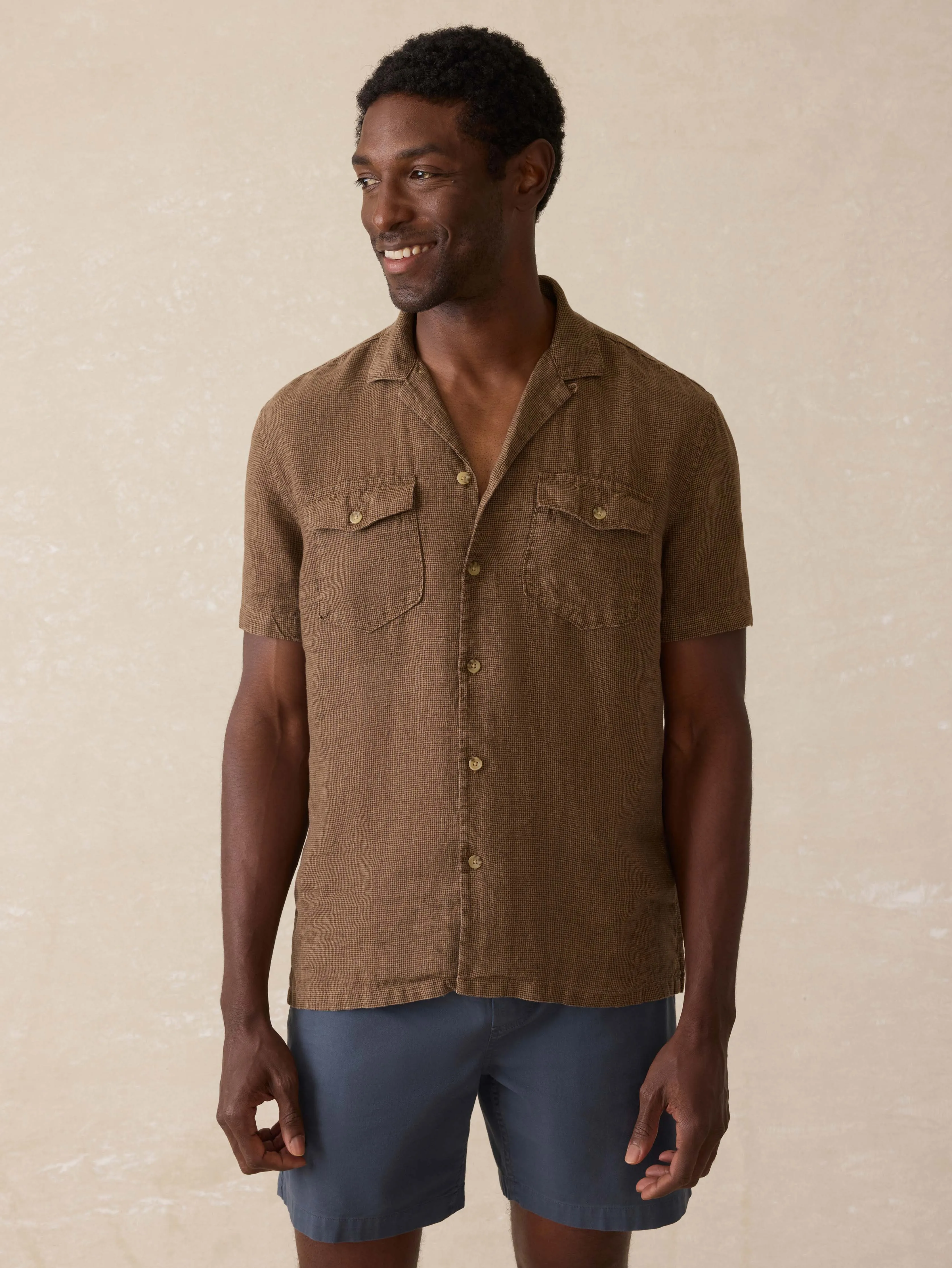 Short-Sleeve Reserve Basque Camp Shirt - Dark Oakwood Pincheck sold by Faherty