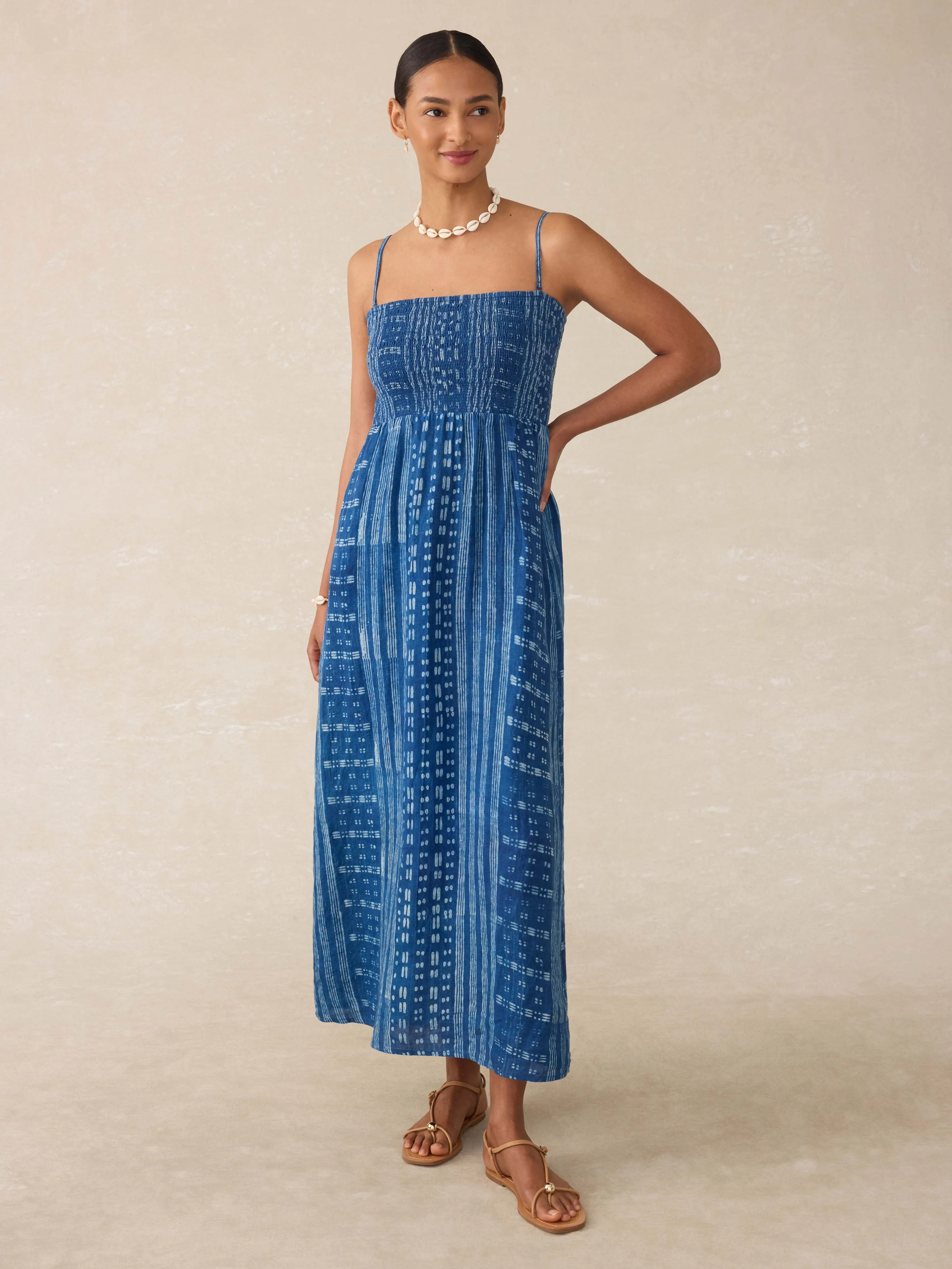 Sunrise Smocked Dress - Indigo Nadja Blockprint sold by Faherty product image thumbnail 3