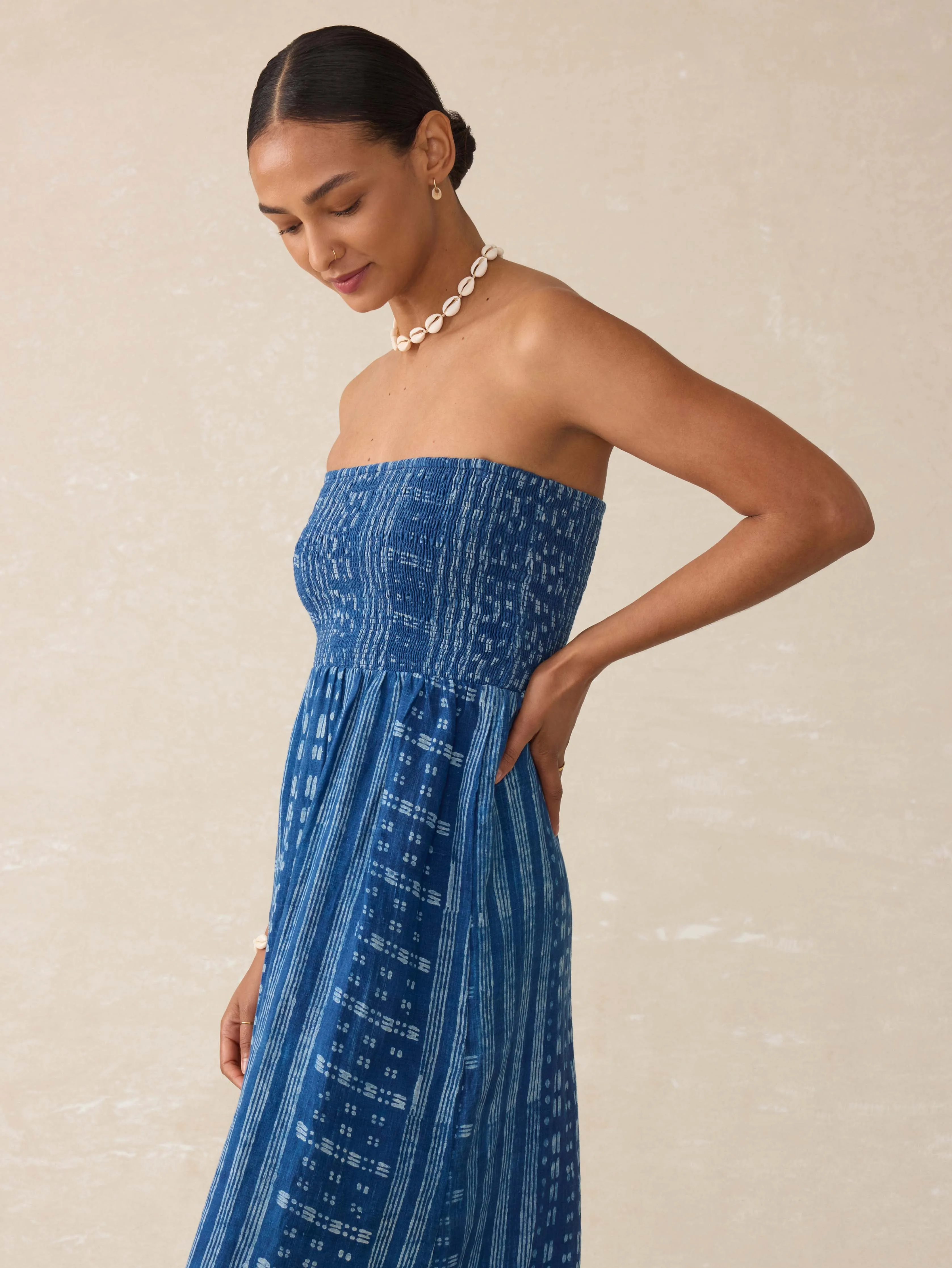 Sunrise Smocked Dress - Indigo Nadja Blockprint sold by Faherty product image thumbnail 5