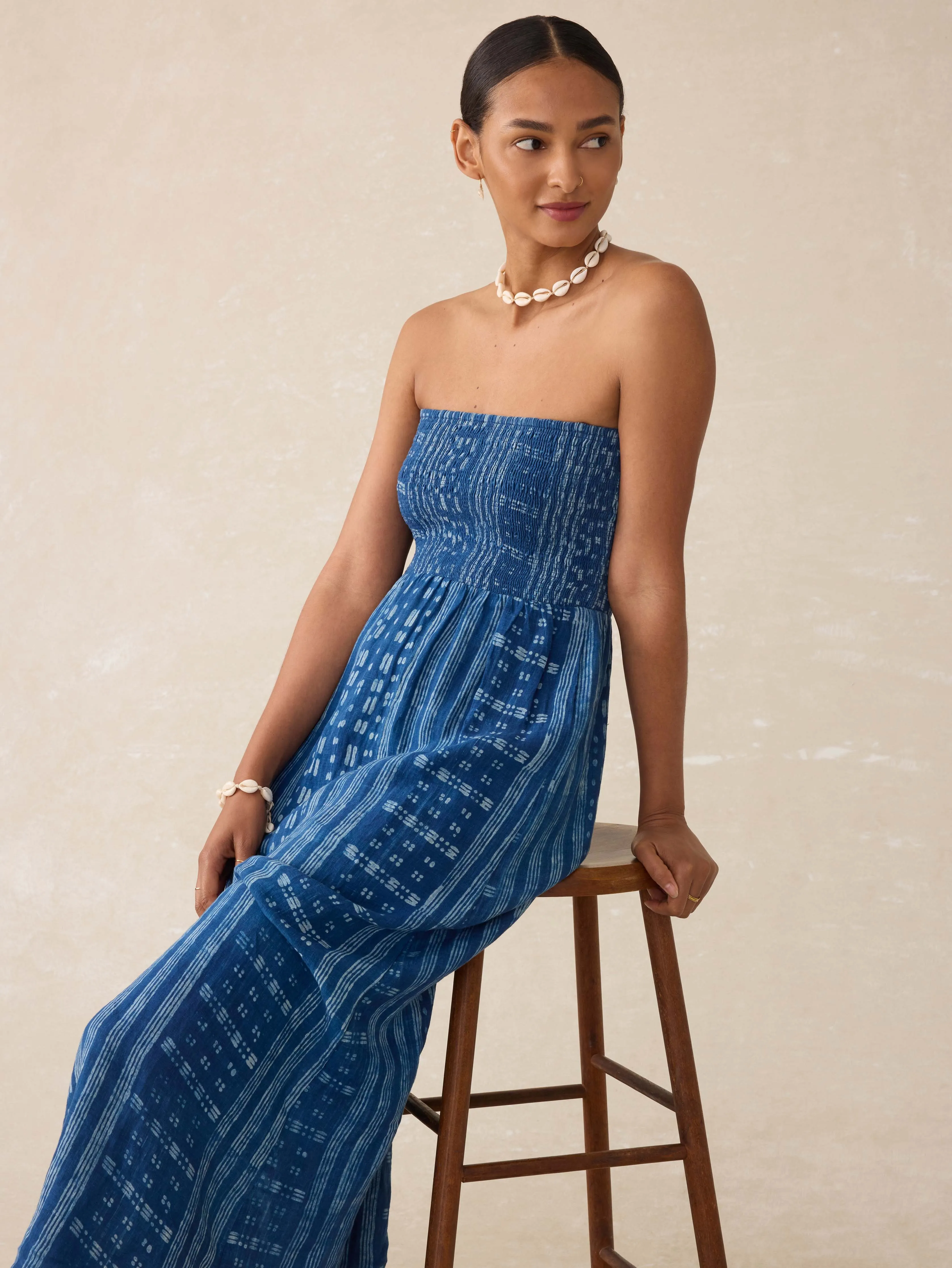 Sunrise Smocked Dress - Indigo Nadja Blockprint sold by Faherty