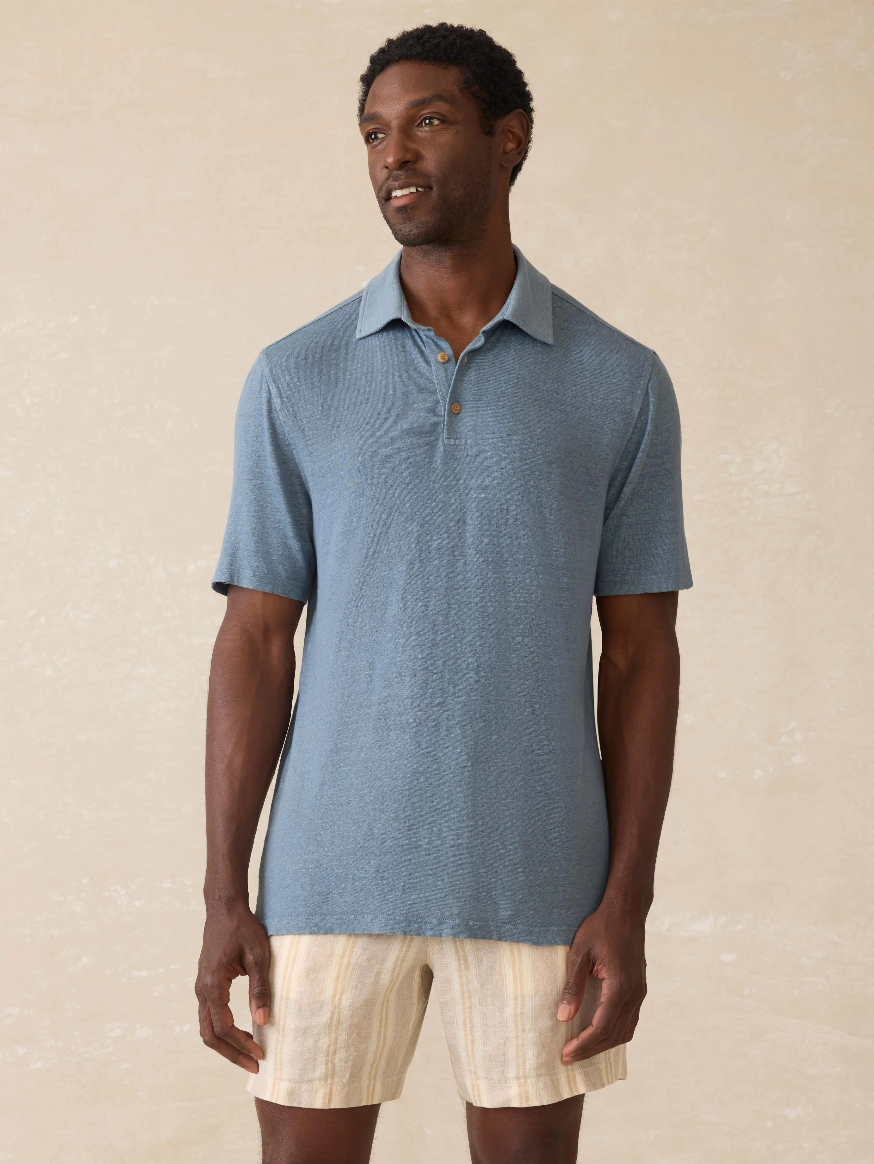 Short-Sleeve Linen Polo - Deep Marine sold by Faherty