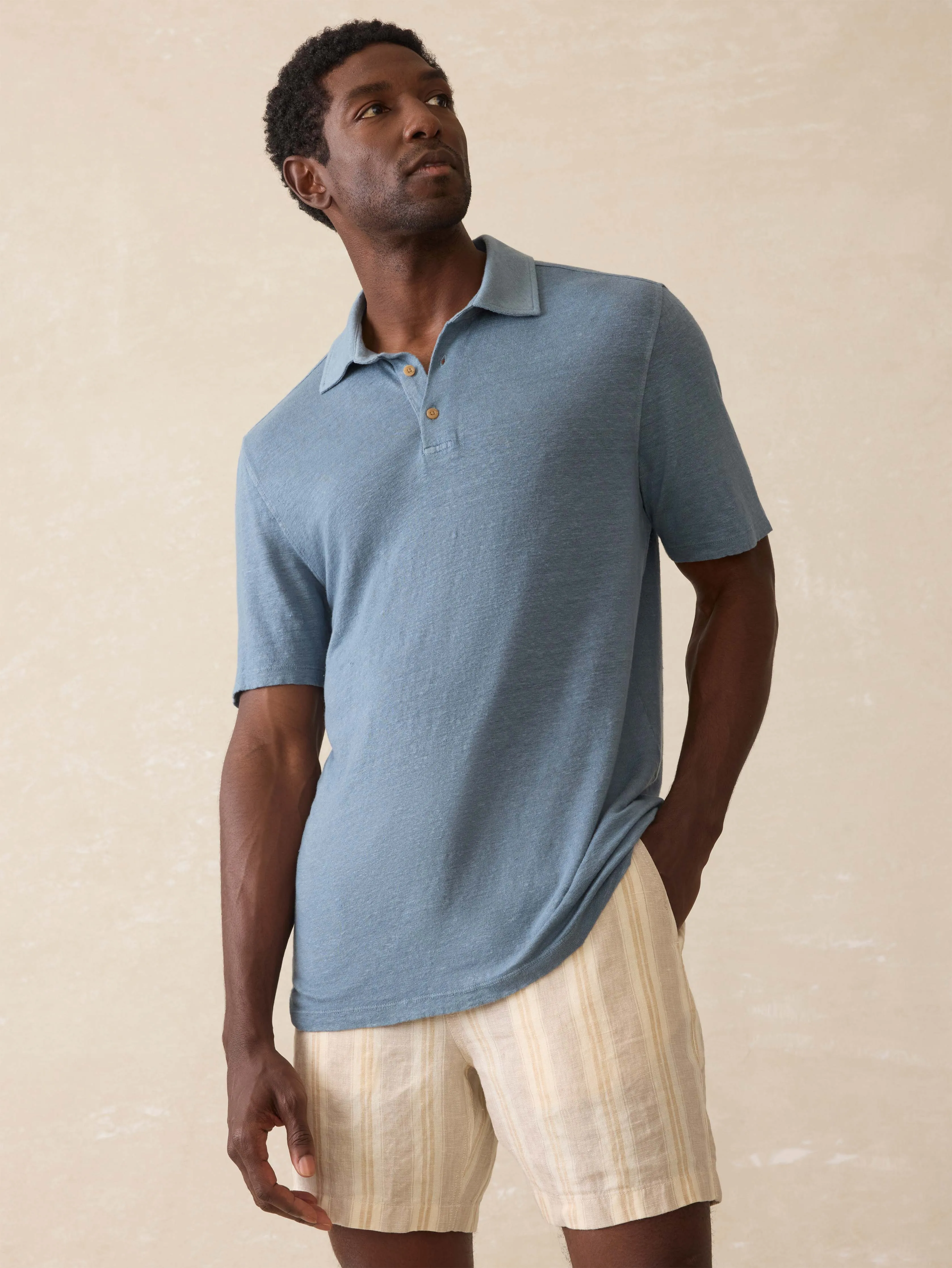 Short-Sleeve Linen Polo - Deep Marine sold by Faherty product image thumbnail 3