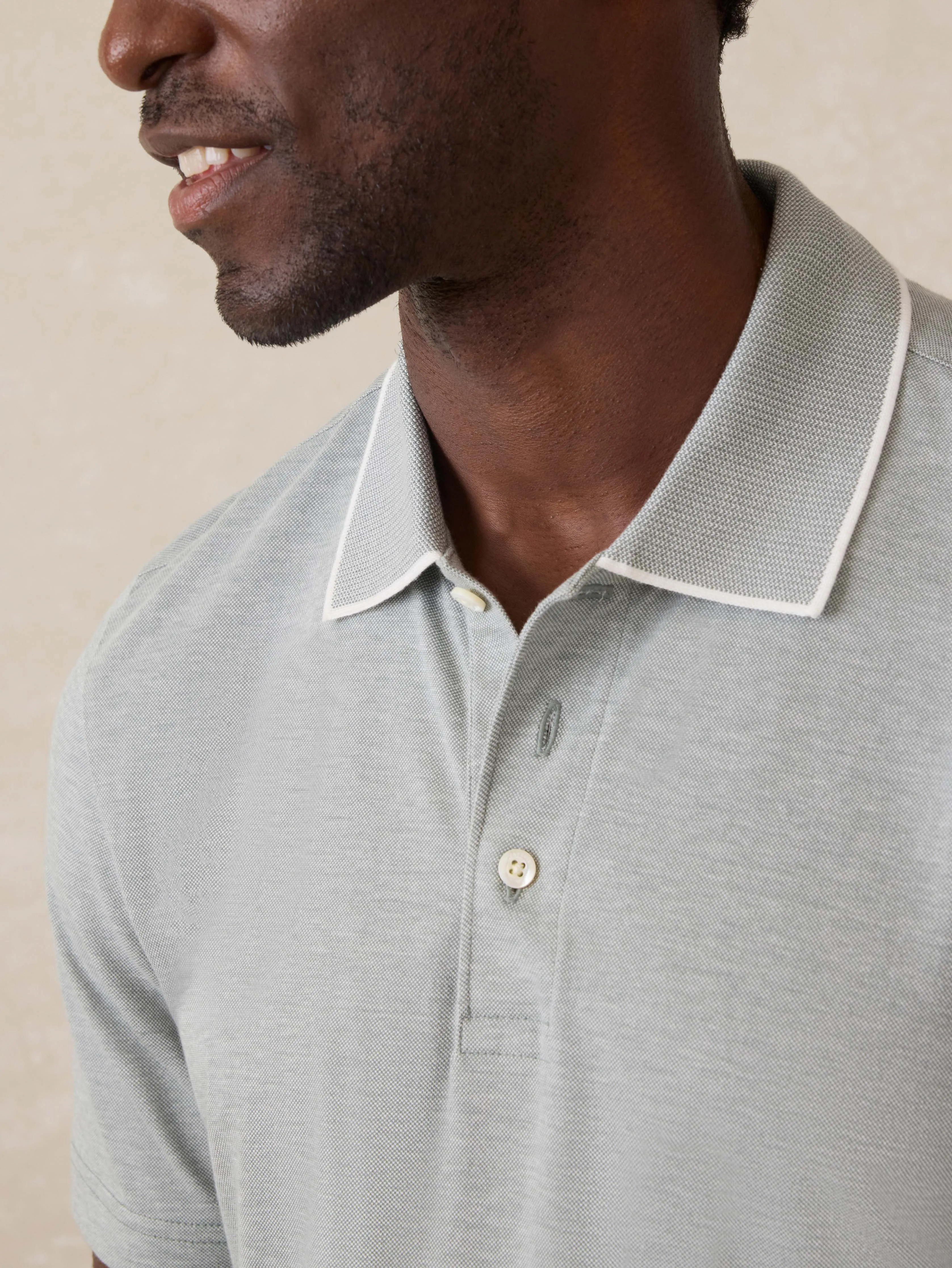 Short-Sleeve Movement™ Pique Polo - Moss Stone Melange sold by Faherty product image thumbnail 3