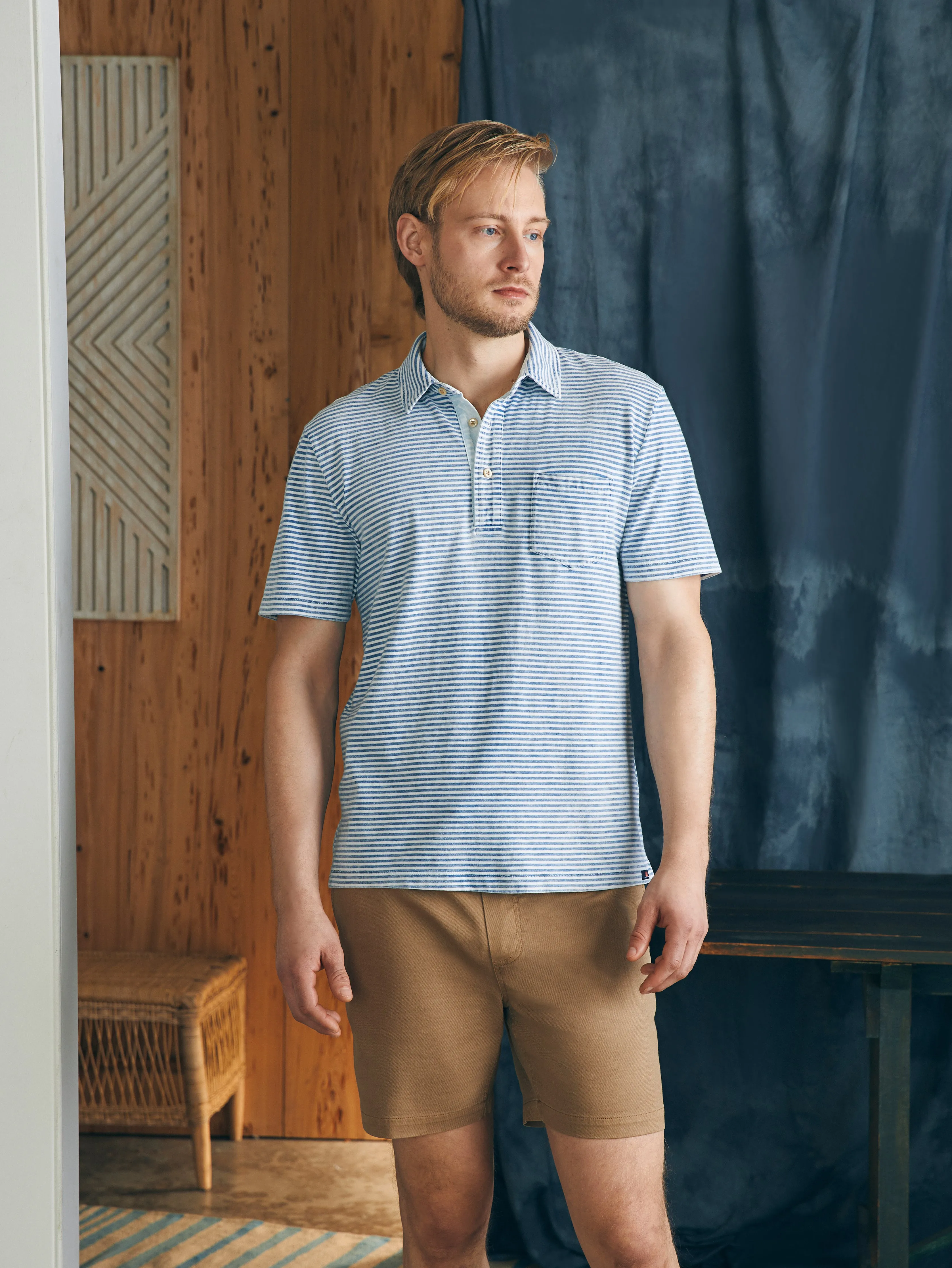 Short-Sleeve Indigo Polo Shirt - Azure Stream Stripe sold by Faherty product image thumbnail 3