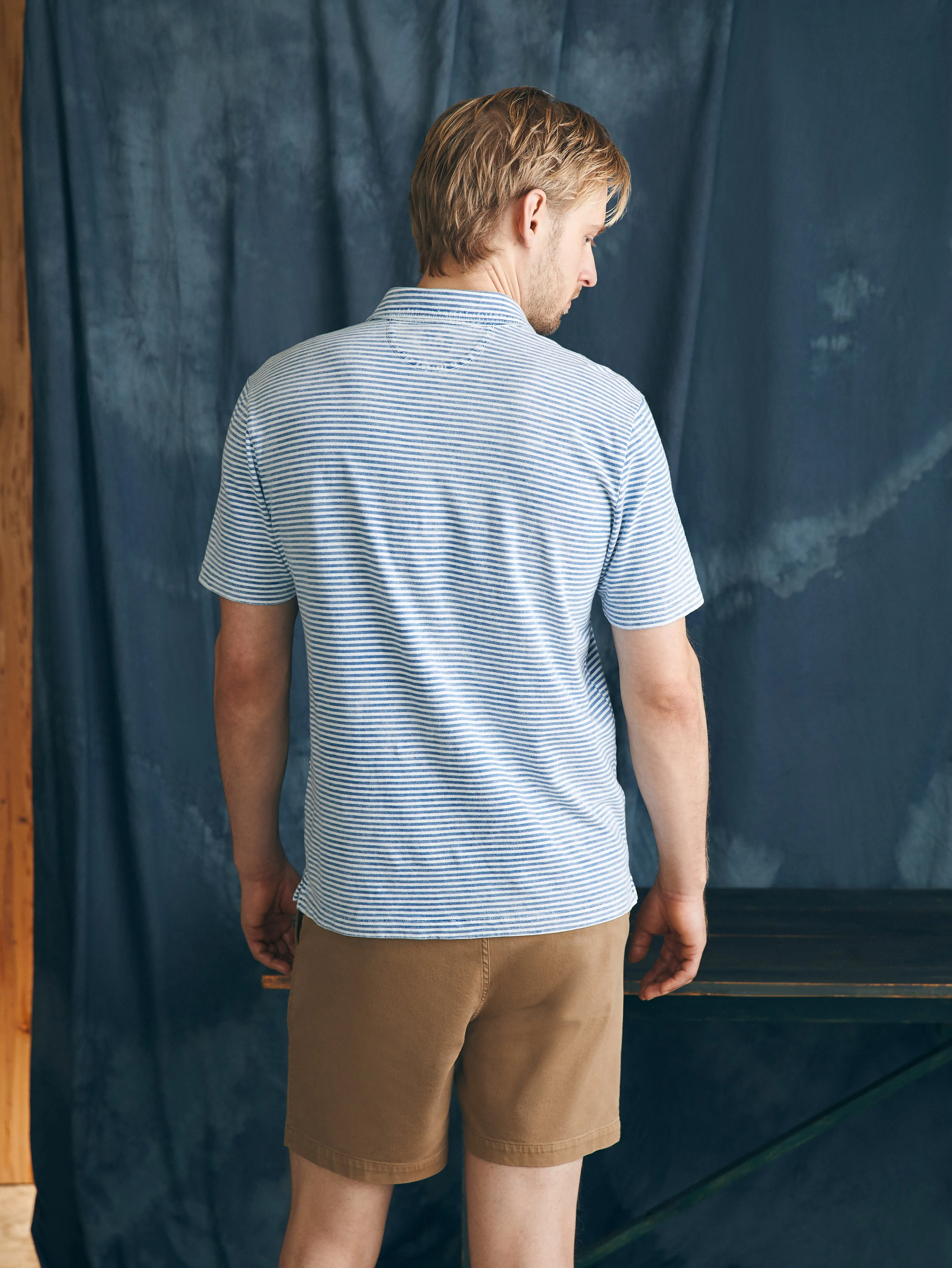 Short-Sleeve Indigo Polo Shirt - Azure Stream Stripe sold by Faherty product image thumbnail 5