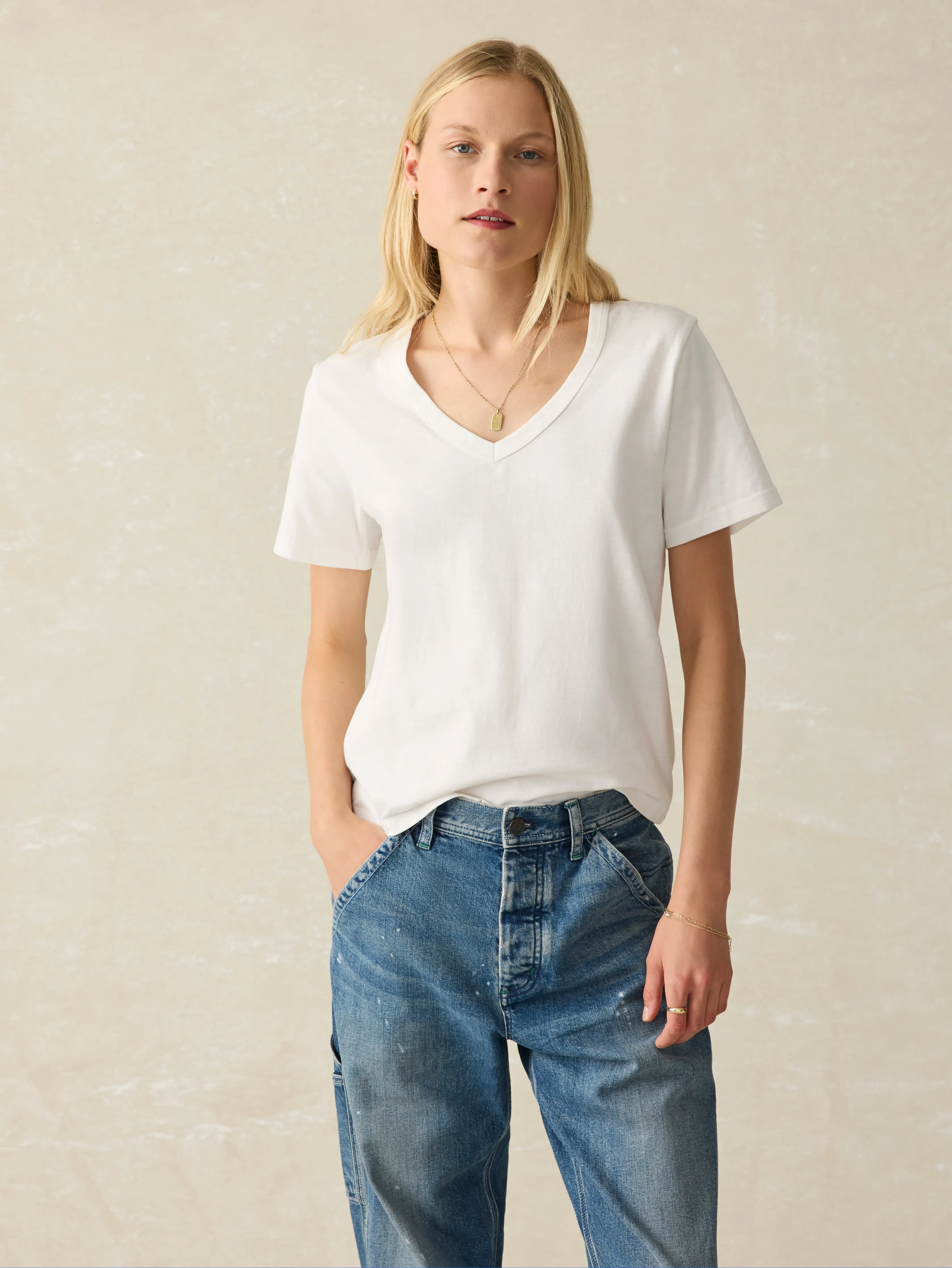 Sunwashed V-Neck Tee - White sold by Faherty