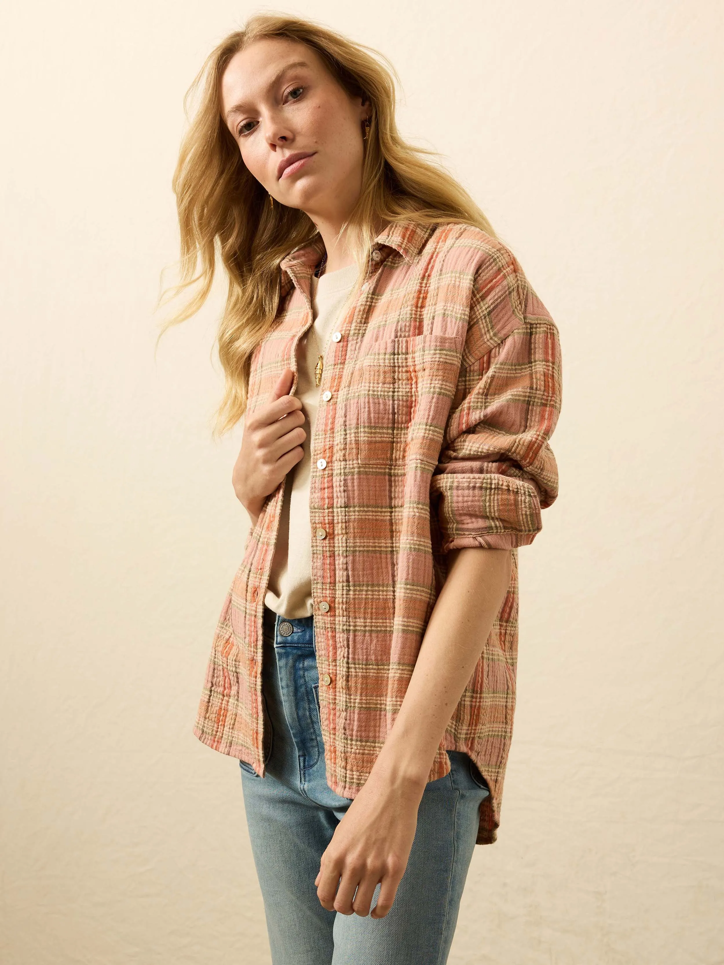 Dune Cotton Gauze Relaxed Shirt - Tinted Rose Water Plaid sold by Faherty