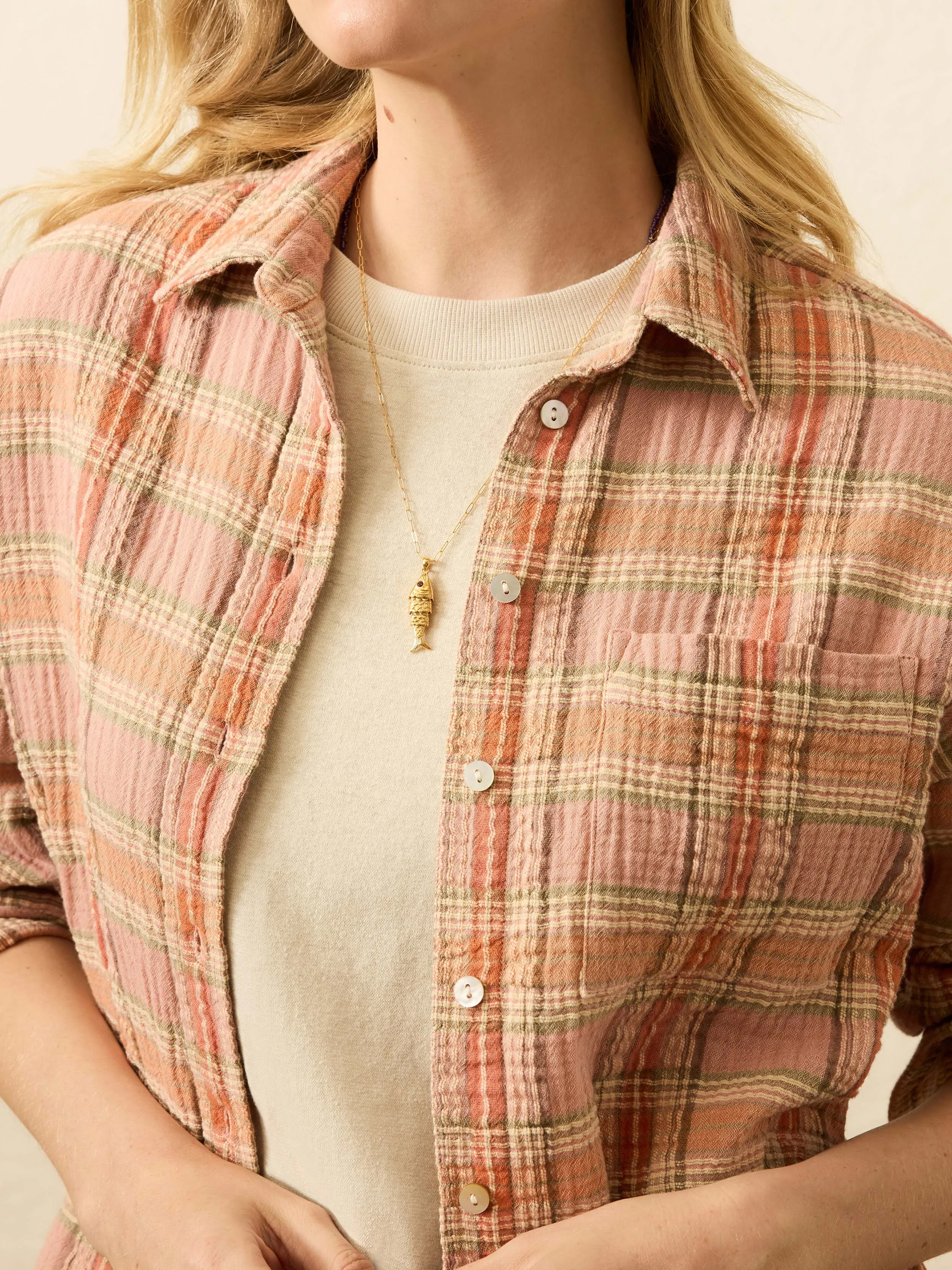 Dune Cotton Gauze Relaxed Shirt - Tinted Rose Water Plaid sold by Faherty product image thumbnail 2