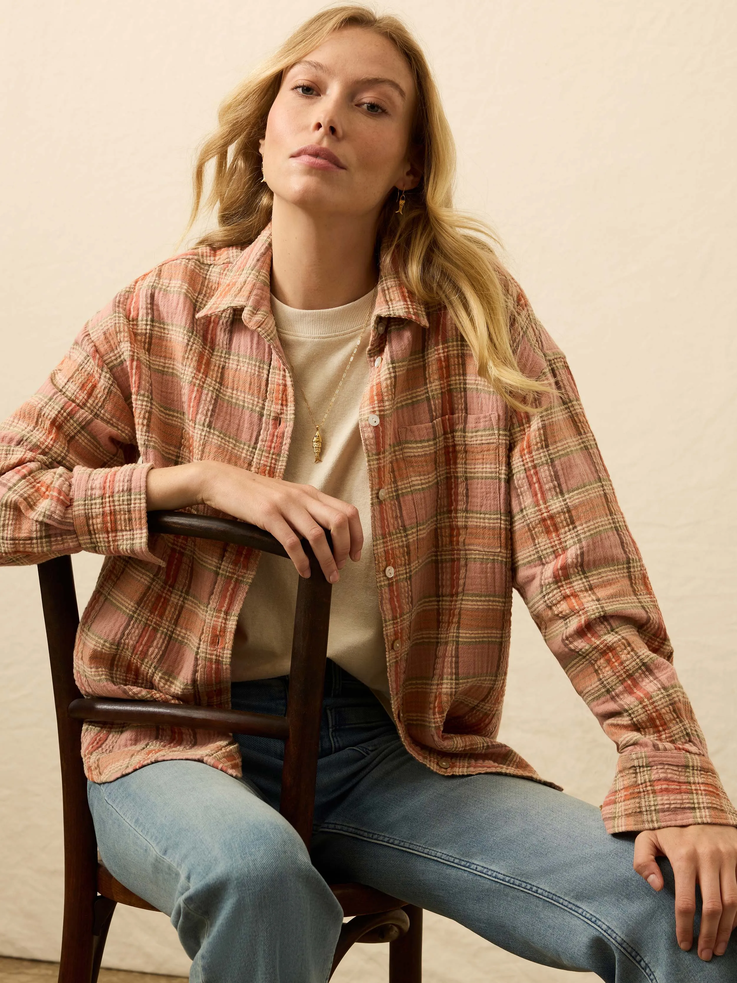 Dune Cotton Gauze Relaxed Shirt - Tinted Rose Water Plaid sold by Faherty product image thumbnail 5